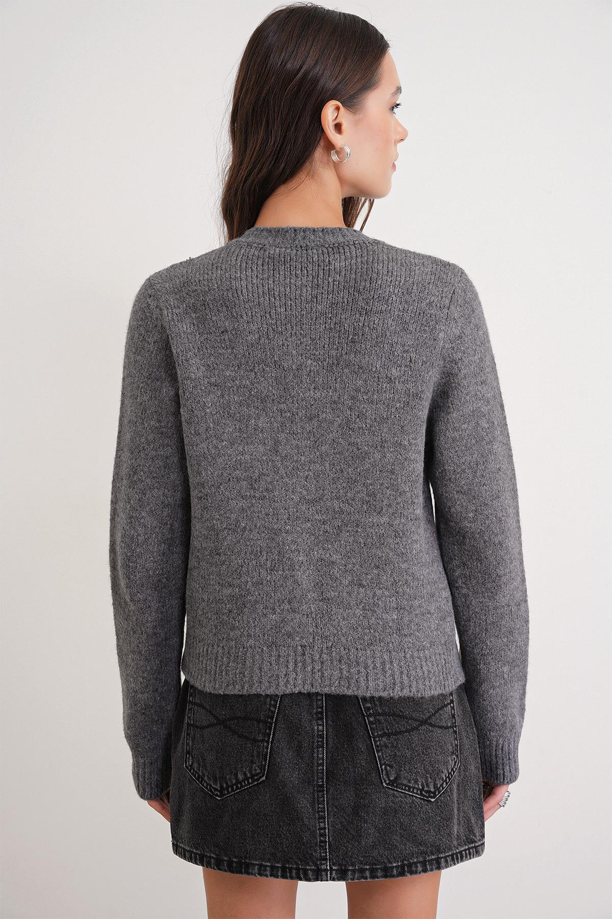 6951 Kadın Bisiklet Yaka Düğmeli Triko Kısa Hırka Antrasit