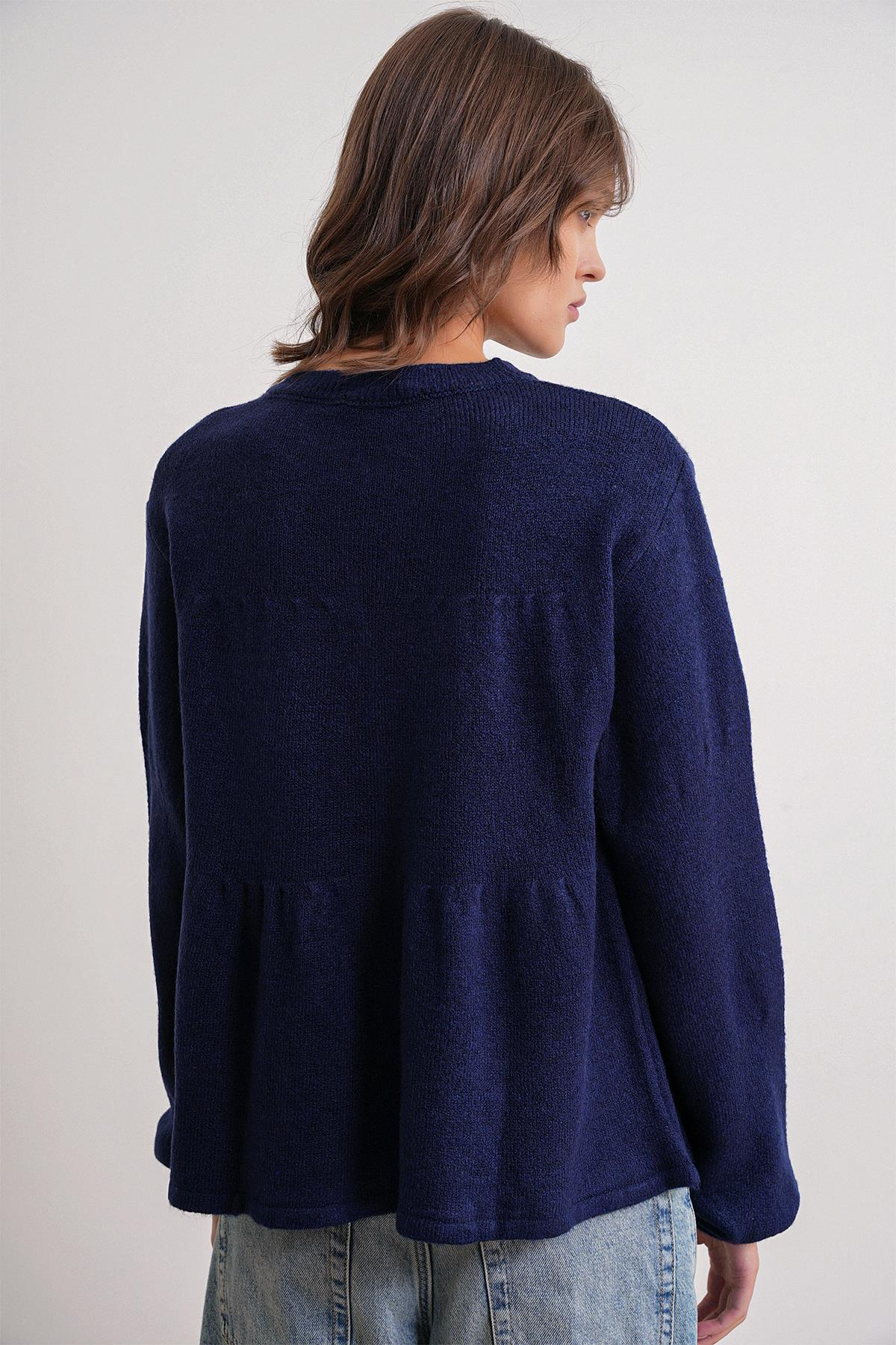 6952 Bağlamalı Detaylı Triko Kazak Lacivert