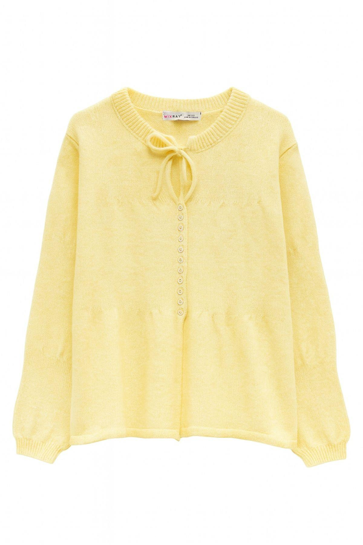 6952 Kadın Bağlamalı Düğme Detaylı Triko Kazak Sarı