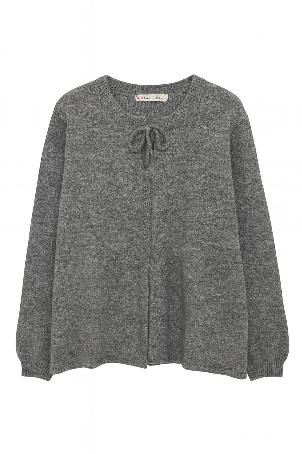 6952 Kadın Bağlamalı Düğme Detaylı Triko Kazak Antrasit