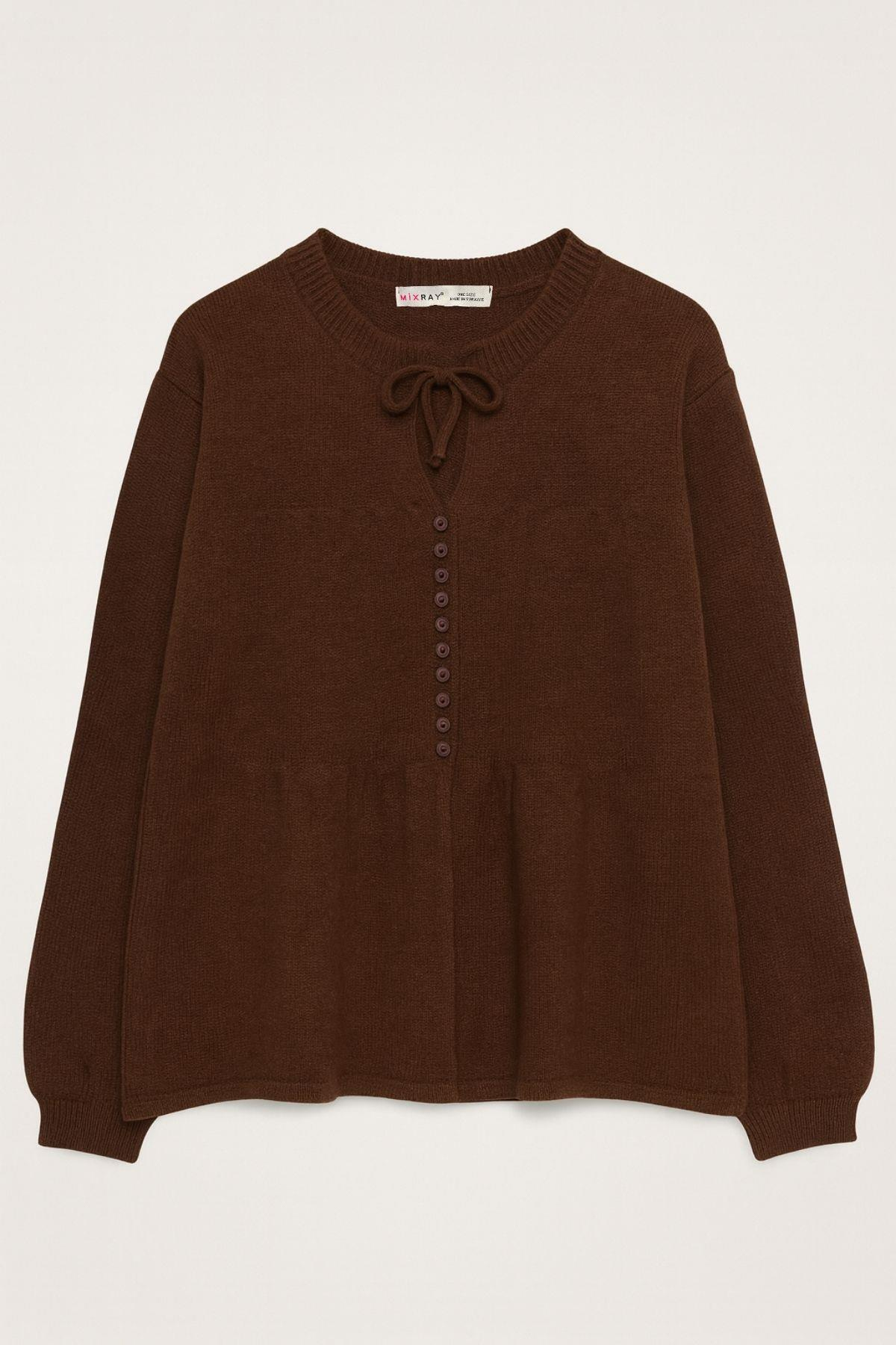 6952 Kadın Bağlamalı Düğme Detaylı Triko Kazak Kahve