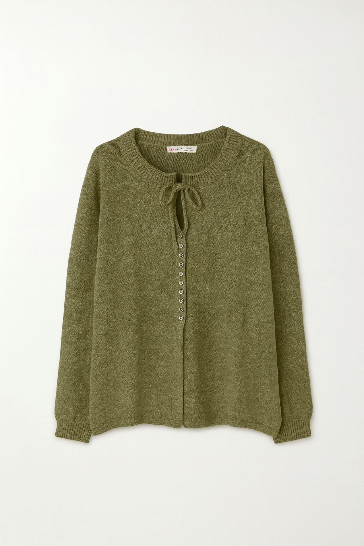 6952 Kadın Bağlamalı Düğme Detaylı Triko Kazak Haki