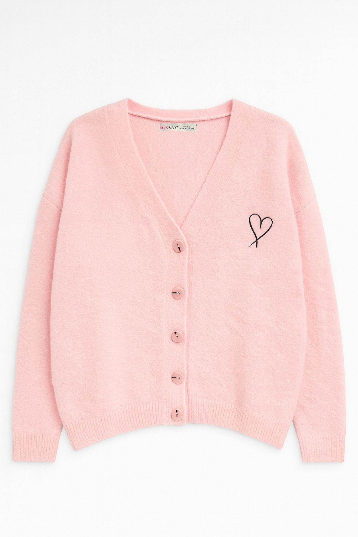 6953 Kadın Oversize Yün Karışımlı Premium Kalp Nakışlı Hırka Pembe