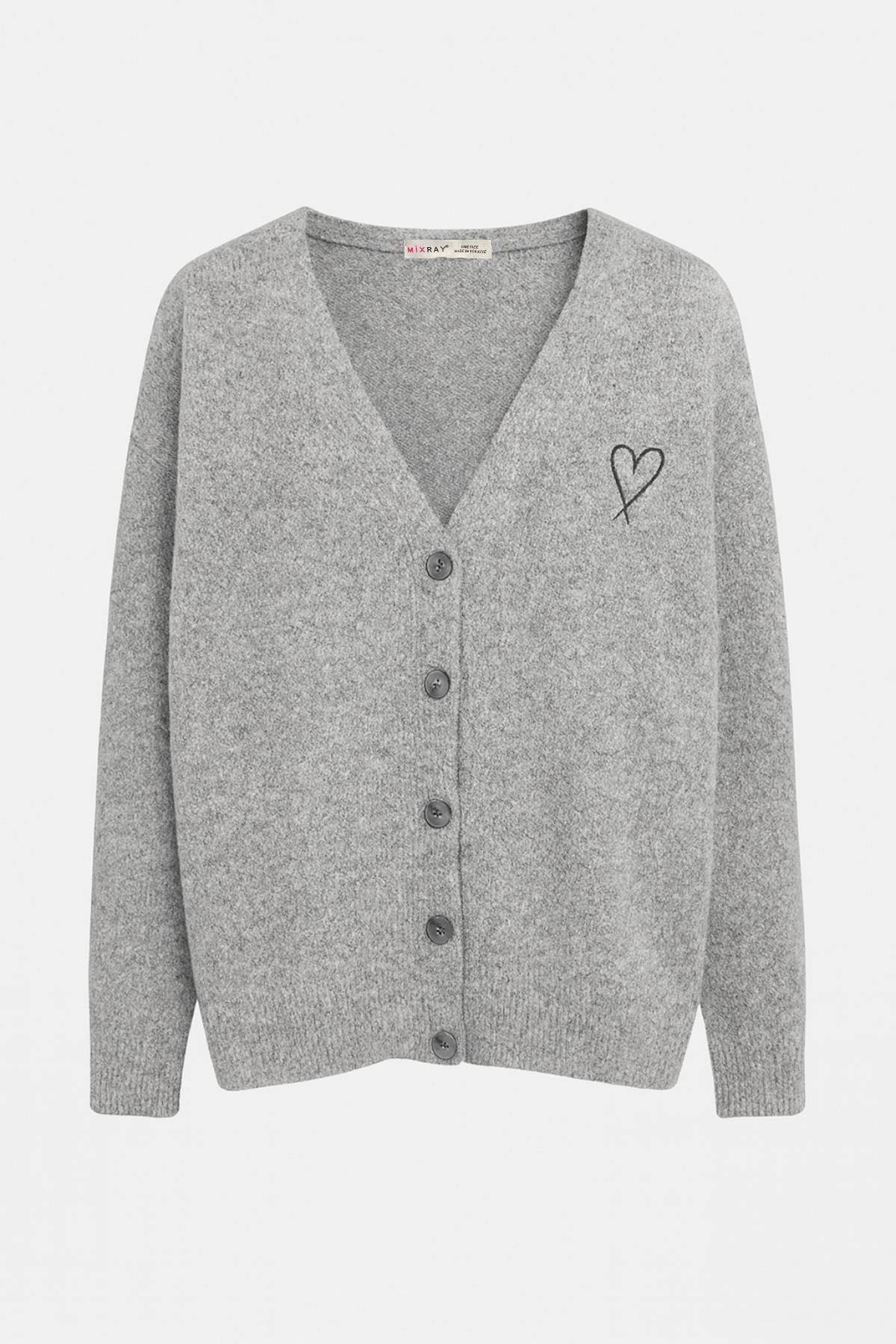 6953 Kadın Oversize Yün Karışımlı Premium Kalp Nakışlı Hırka Koyu Gri