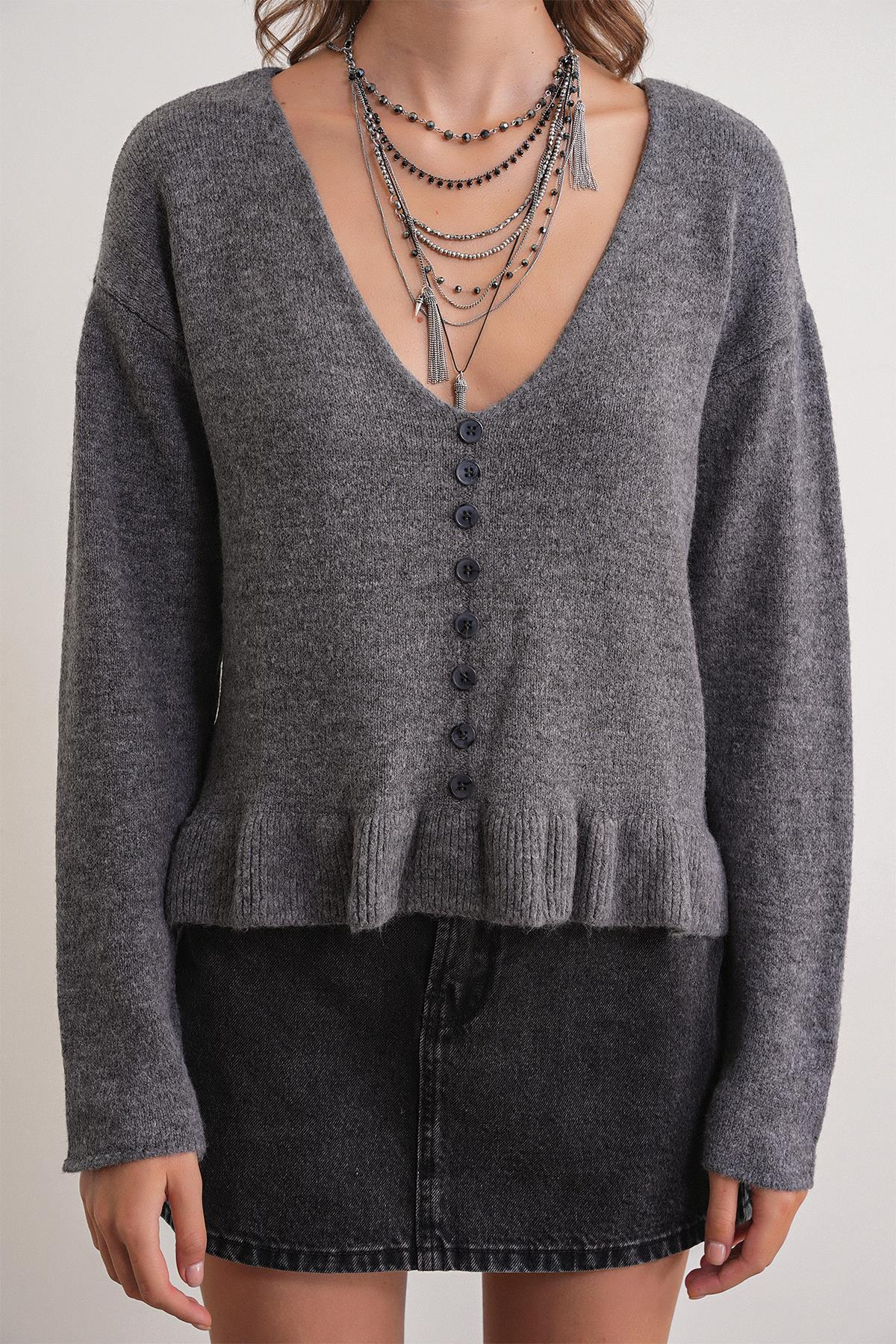 6954 Fırfır Detaylı Kazak Antrasit