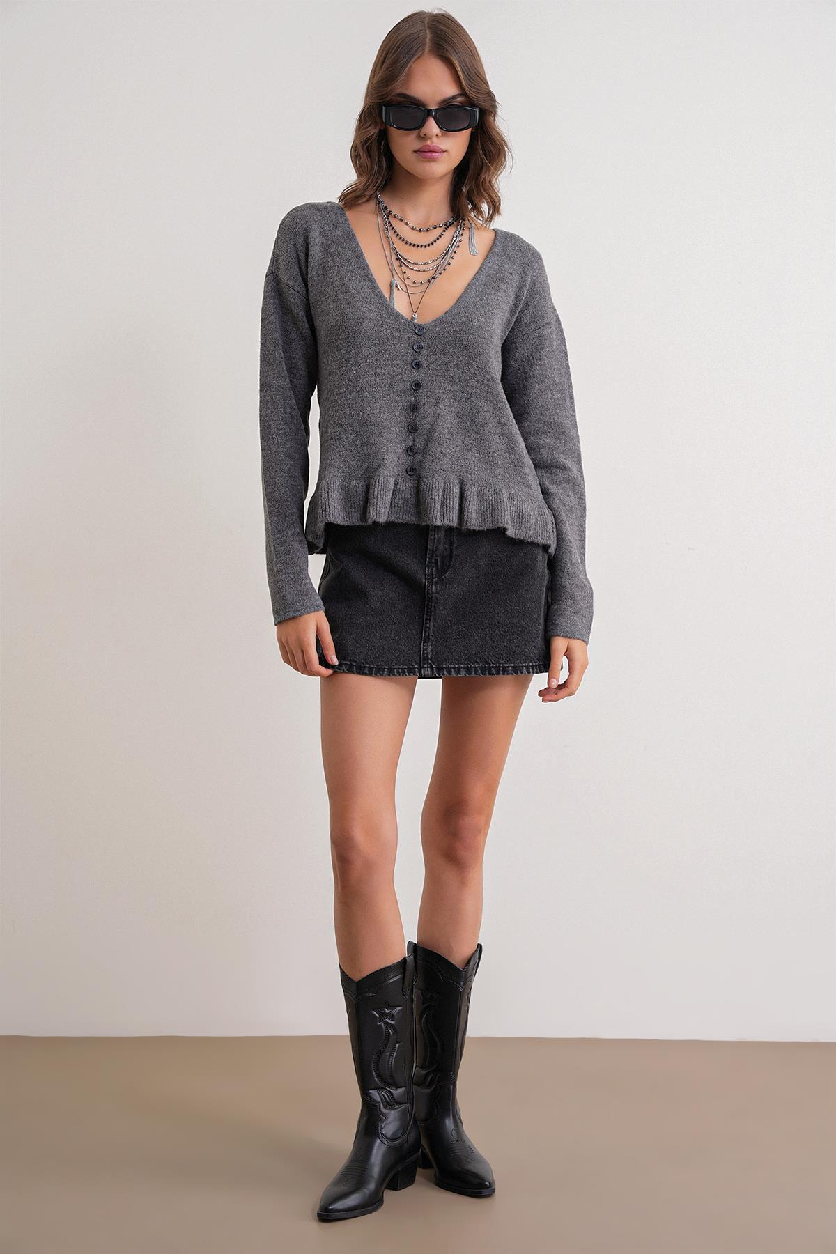 6954 Fırfır Detaylı Kazak Antrasit