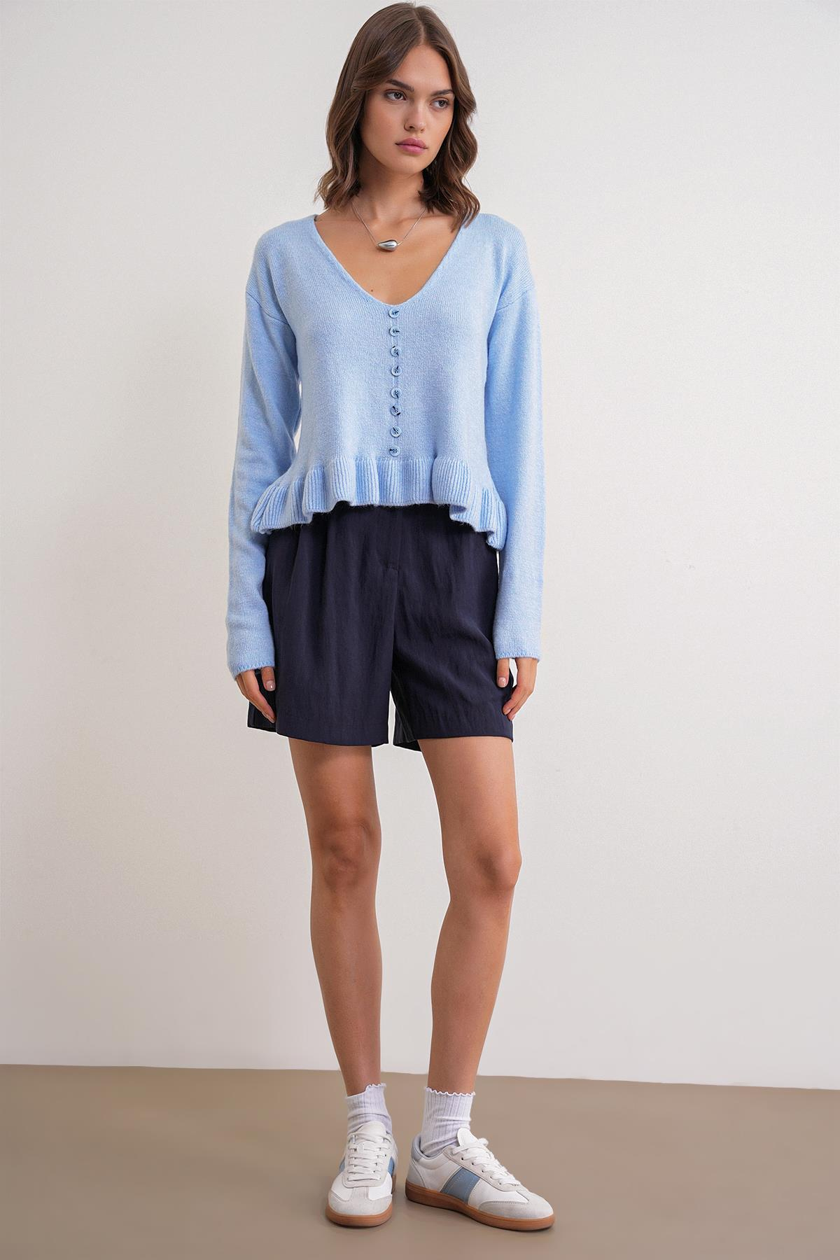 6954 Fırfır Detaylı Kazak Bebe Mavi