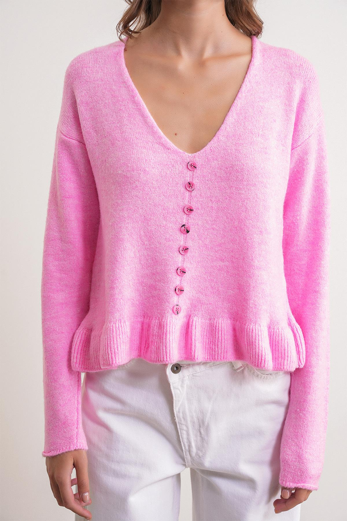 6954 Fırfır Detaylı Kazak Pembe