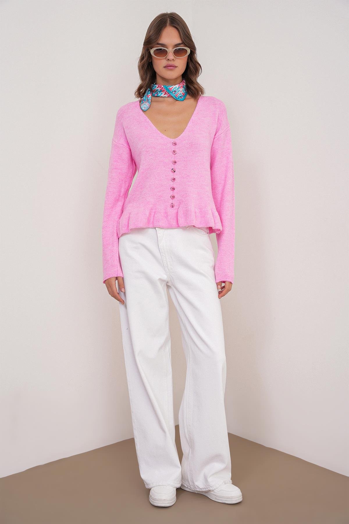 6954 Fırfır Detaylı Kazak Pembe