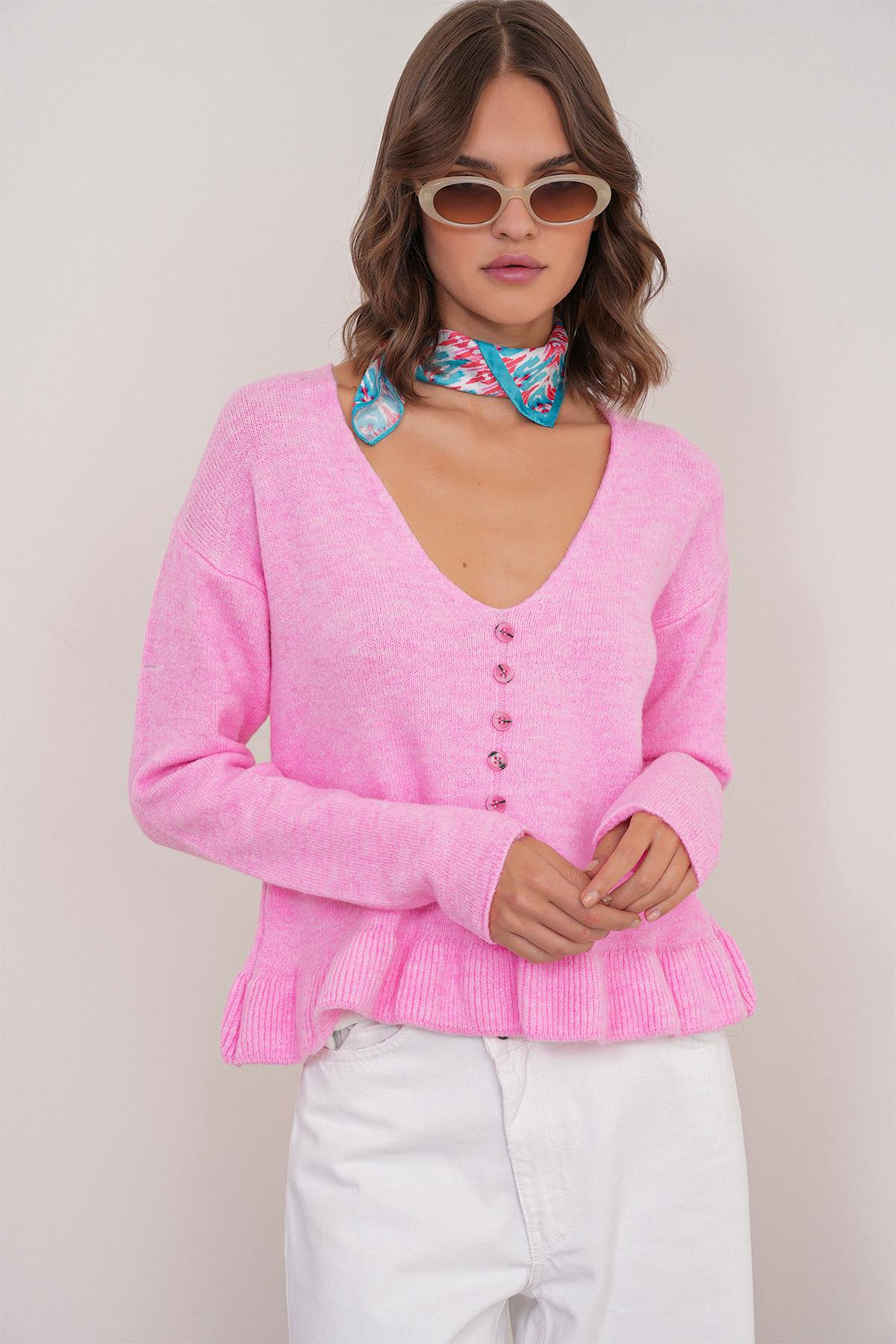 6954 Fırfır Detaylı Kazak Pembe