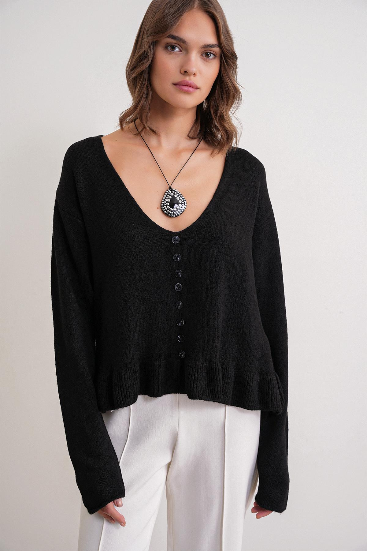 6954 Fırfır Detaylı Kazak Siyah