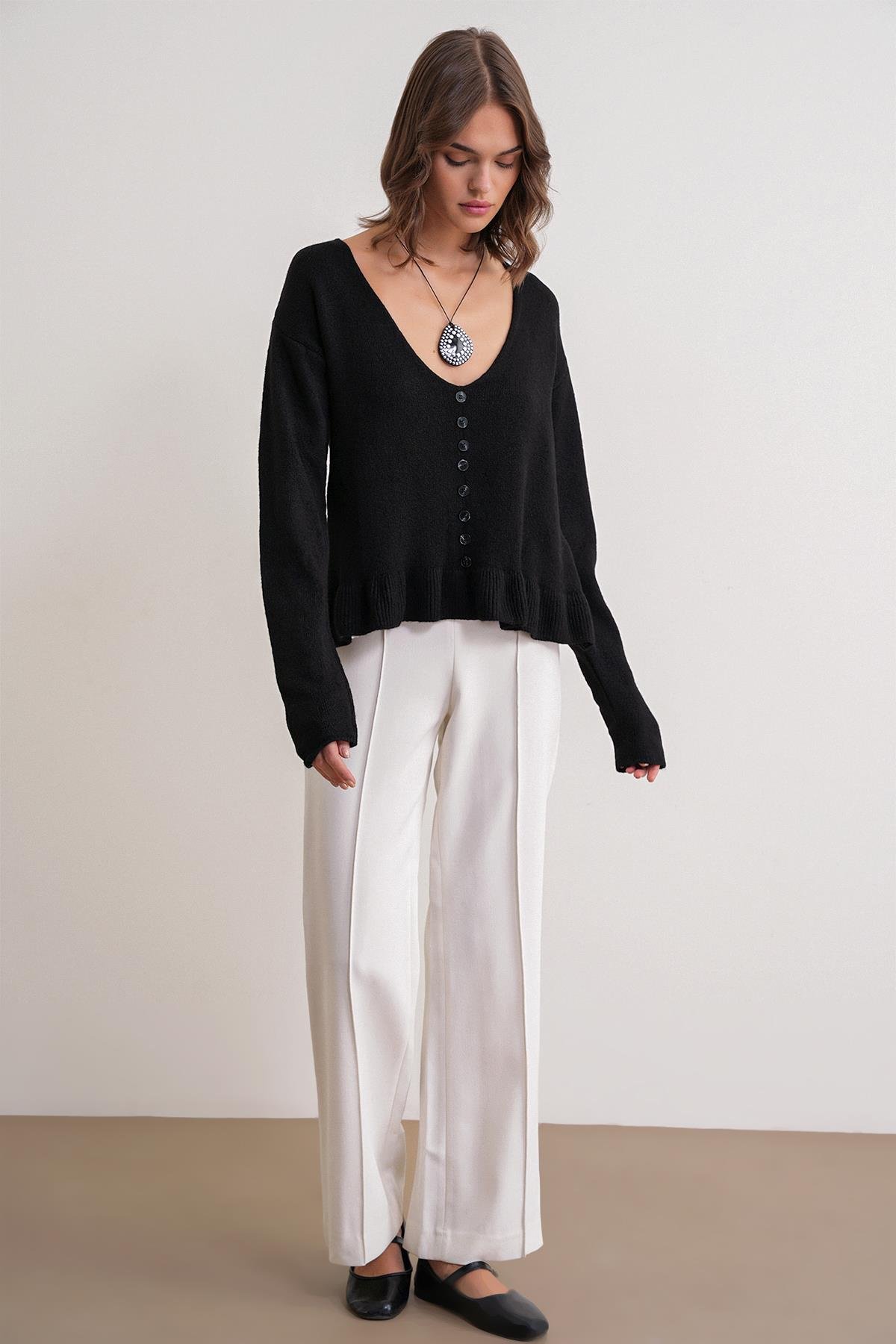 6954 Fırfır Detaylı Kazak Siyah