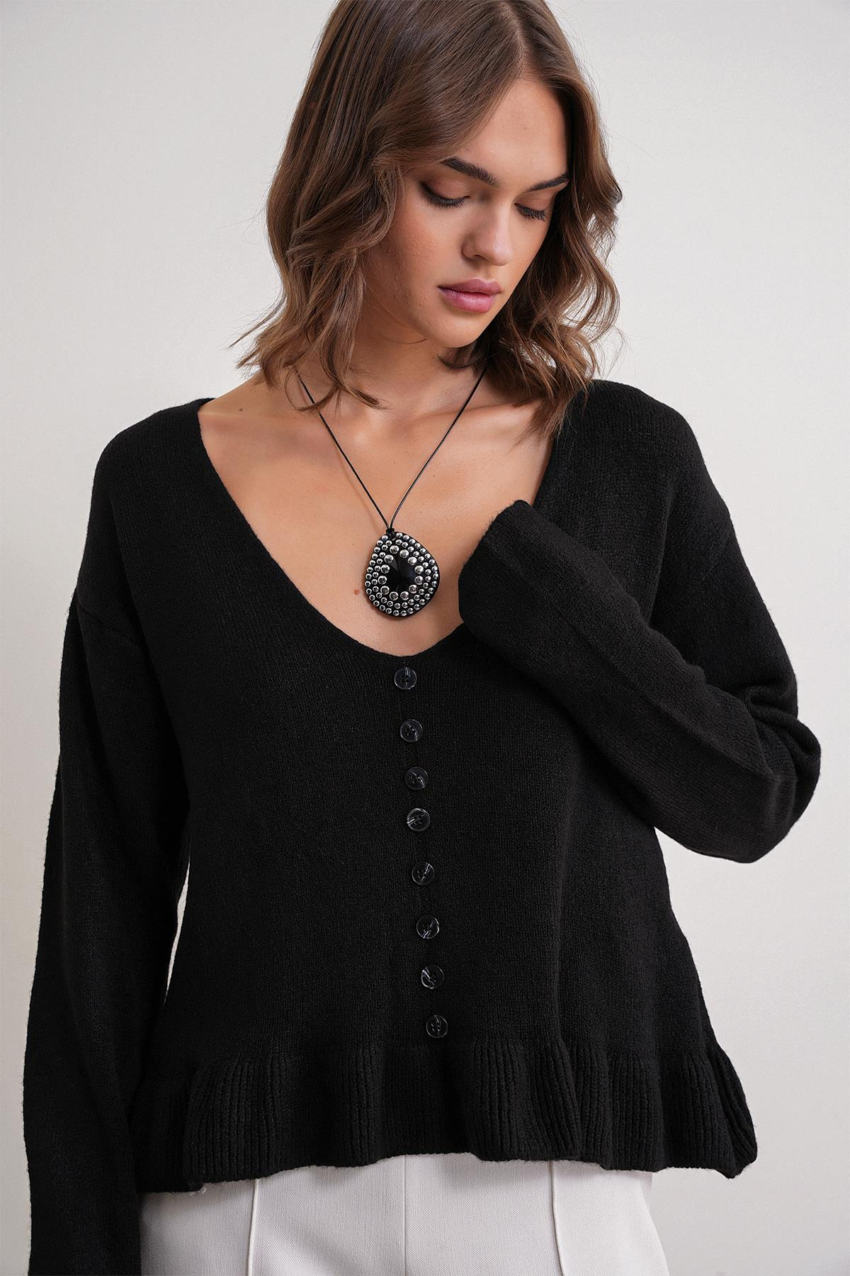 6954 Fırfır Detaylı Kazak Siyah