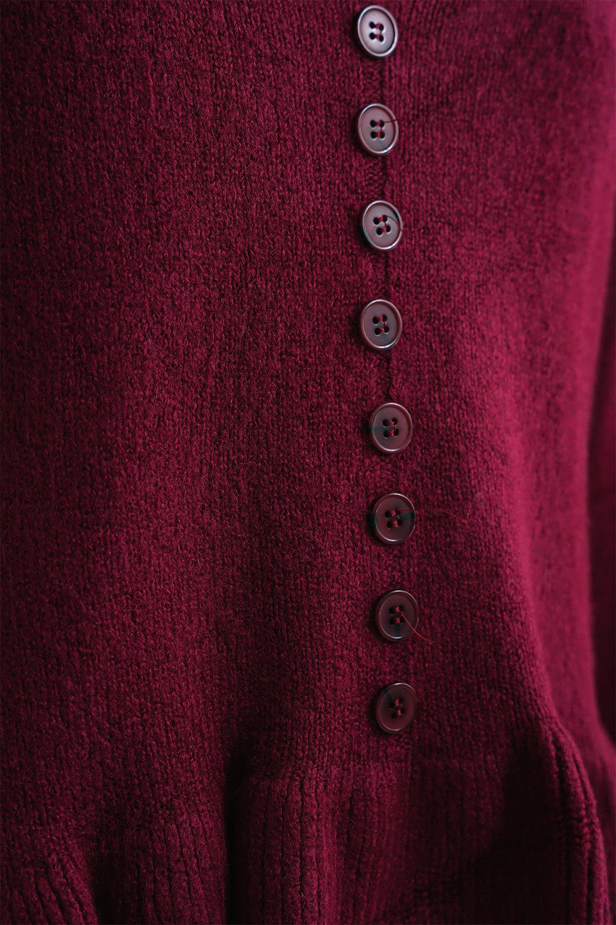 6954 Kadın Fırfır Detaylı V Yaka Triko Kazak Bordo