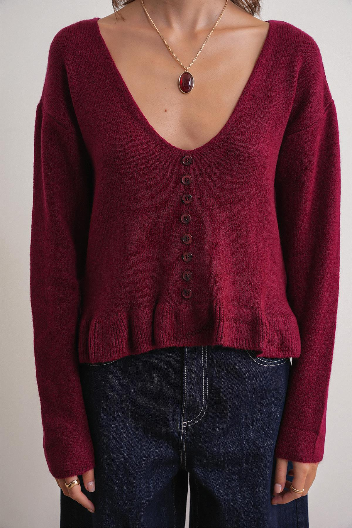 6954 Kadın Fırfır Detaylı V Yaka Triko Kazak Bordo