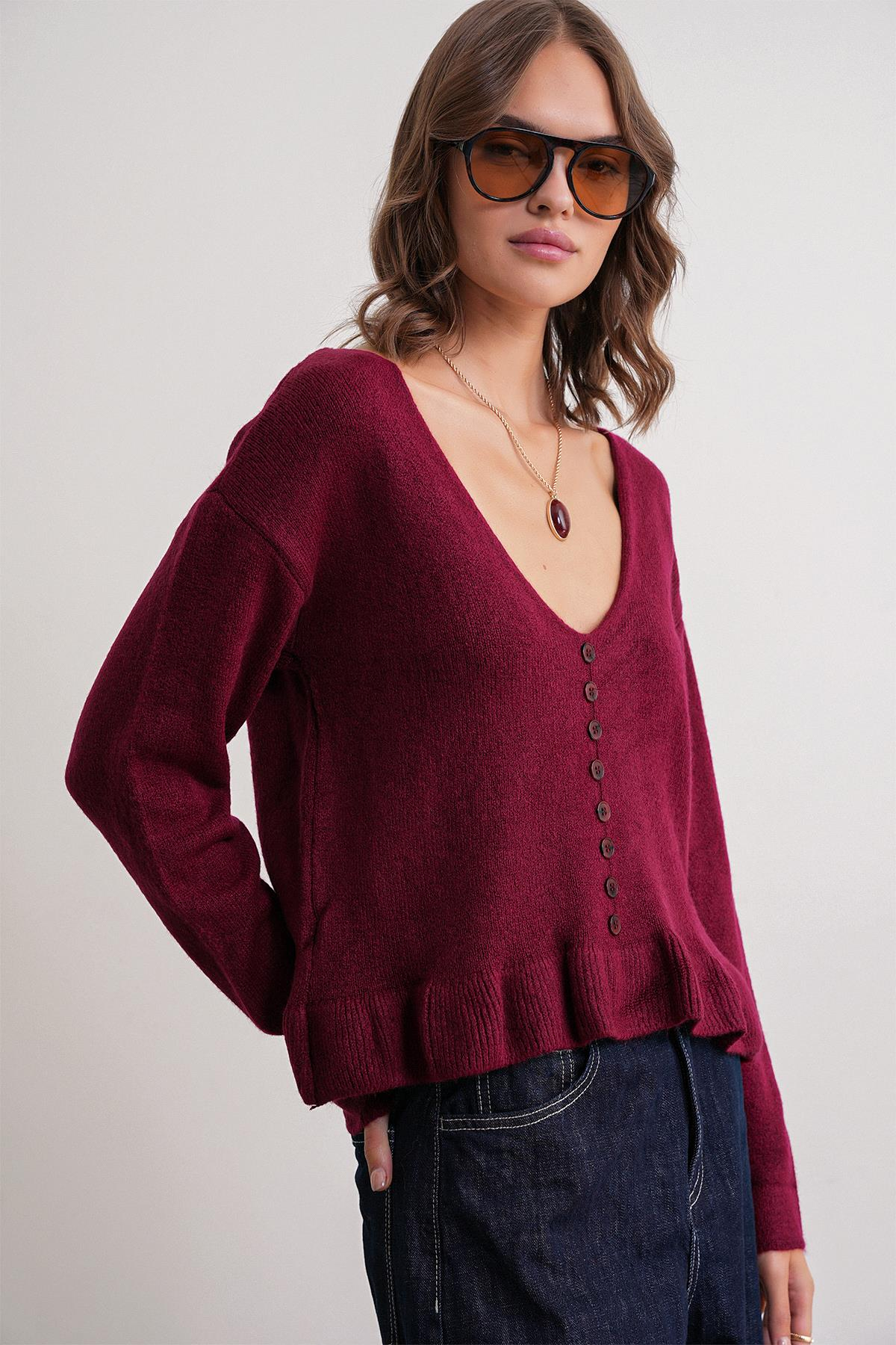 6954 Kadın Fırfır Detaylı V Yaka Triko Kazak Bordo