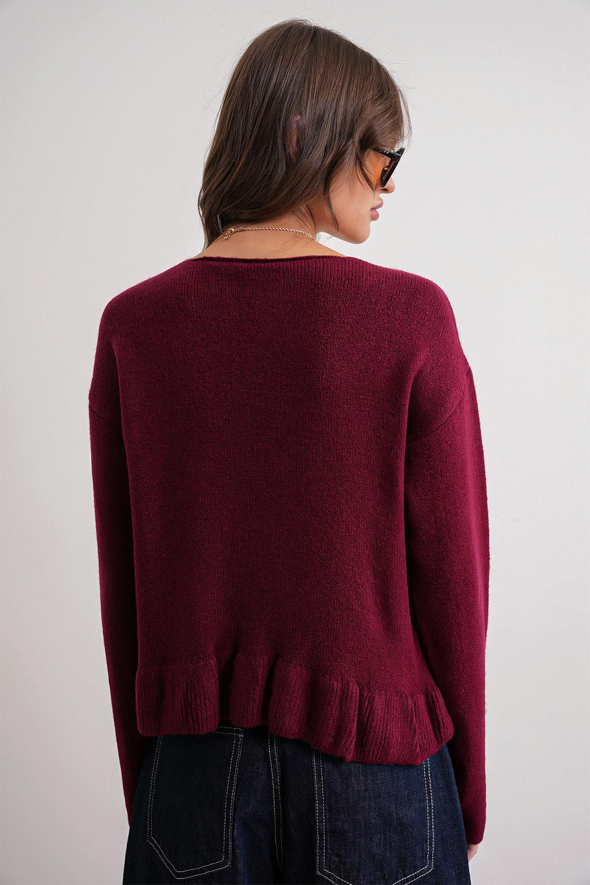 6954 Kadın Fırfır Detaylı V Yaka Triko Kazak Bordo