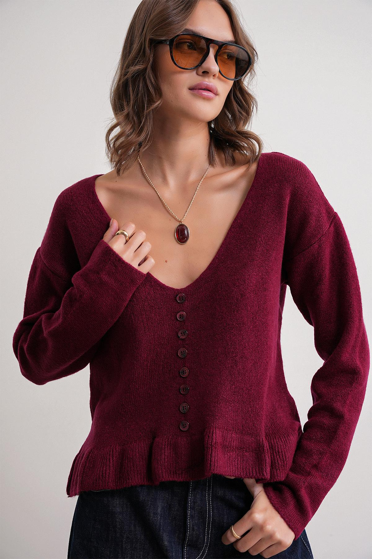 6954 Kadın Fırfır Detaylı V Yaka Triko Kazak Bordo