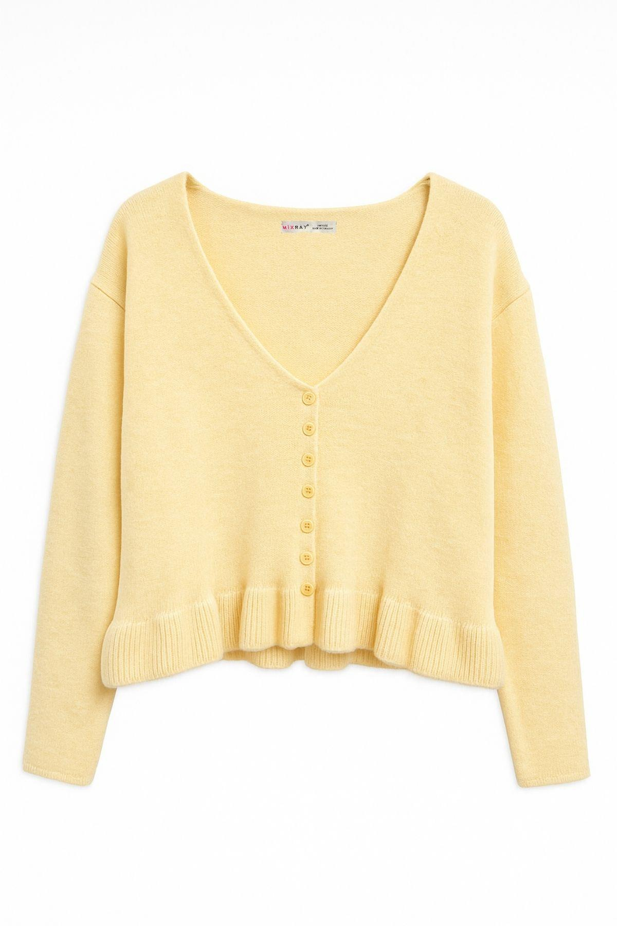 6954 Kadın Fırfır Detaylı V Yaka Triko Kazak Sarı