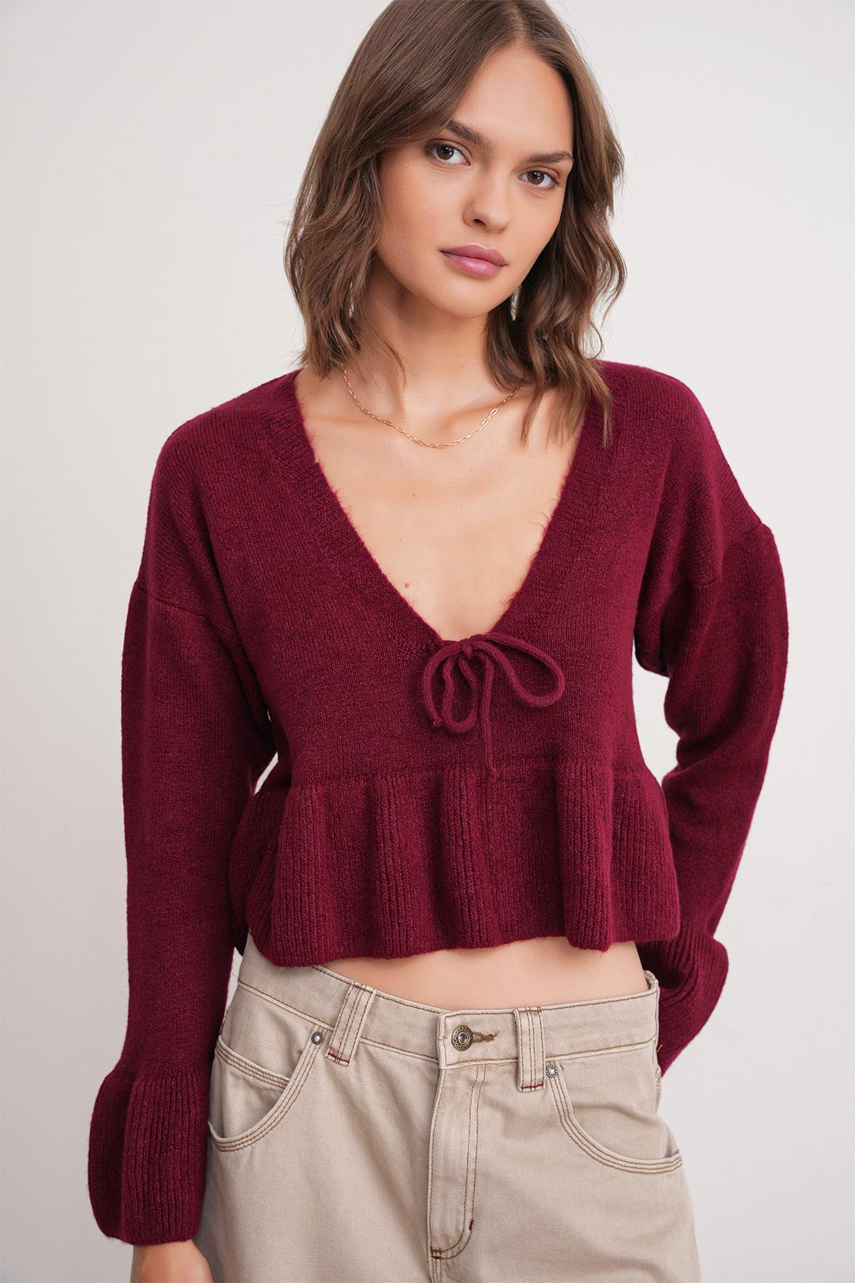 6955 Fırfırlı Triko Kazak Bordo