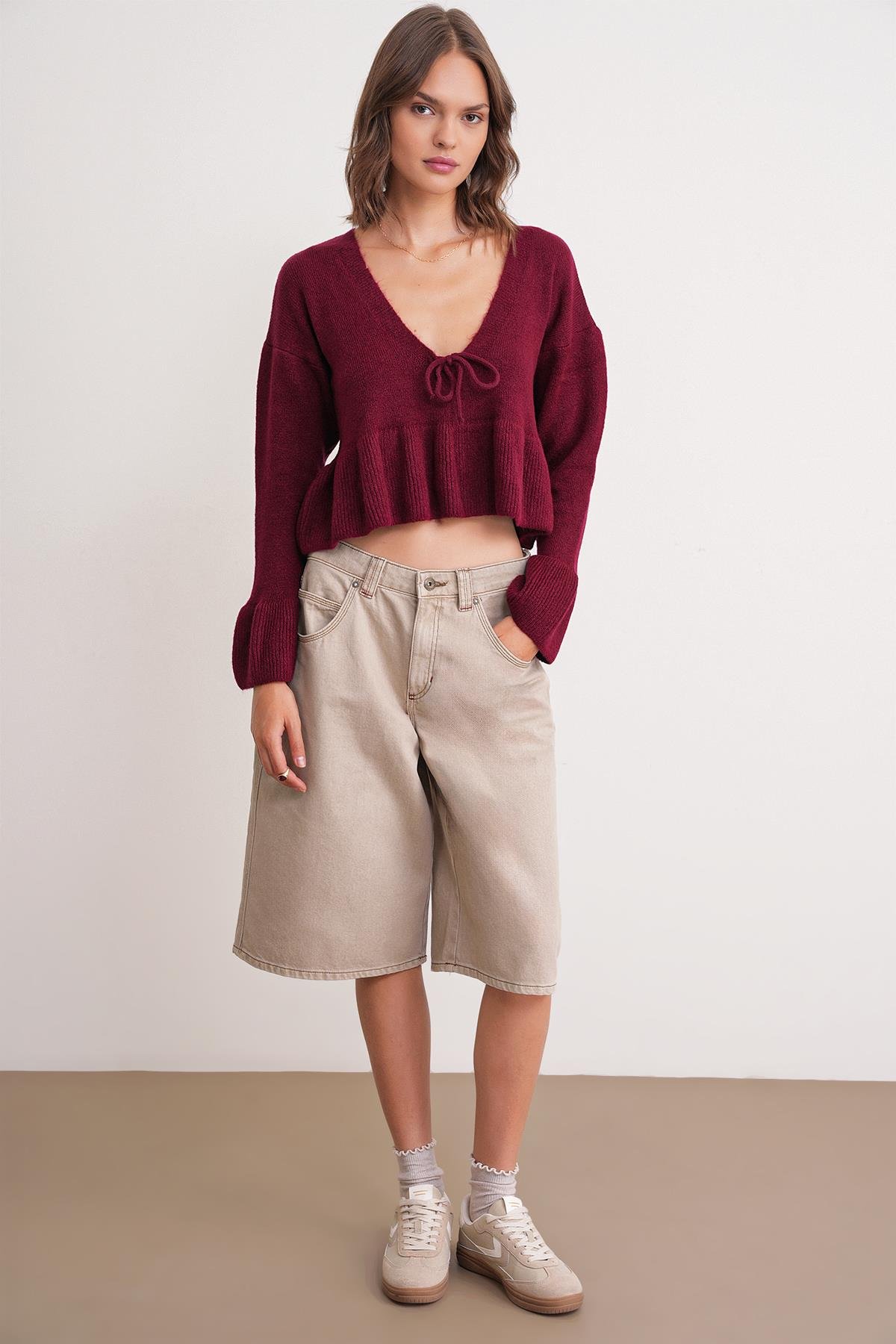 6955 Fırfırlı Triko Kazak Bordo