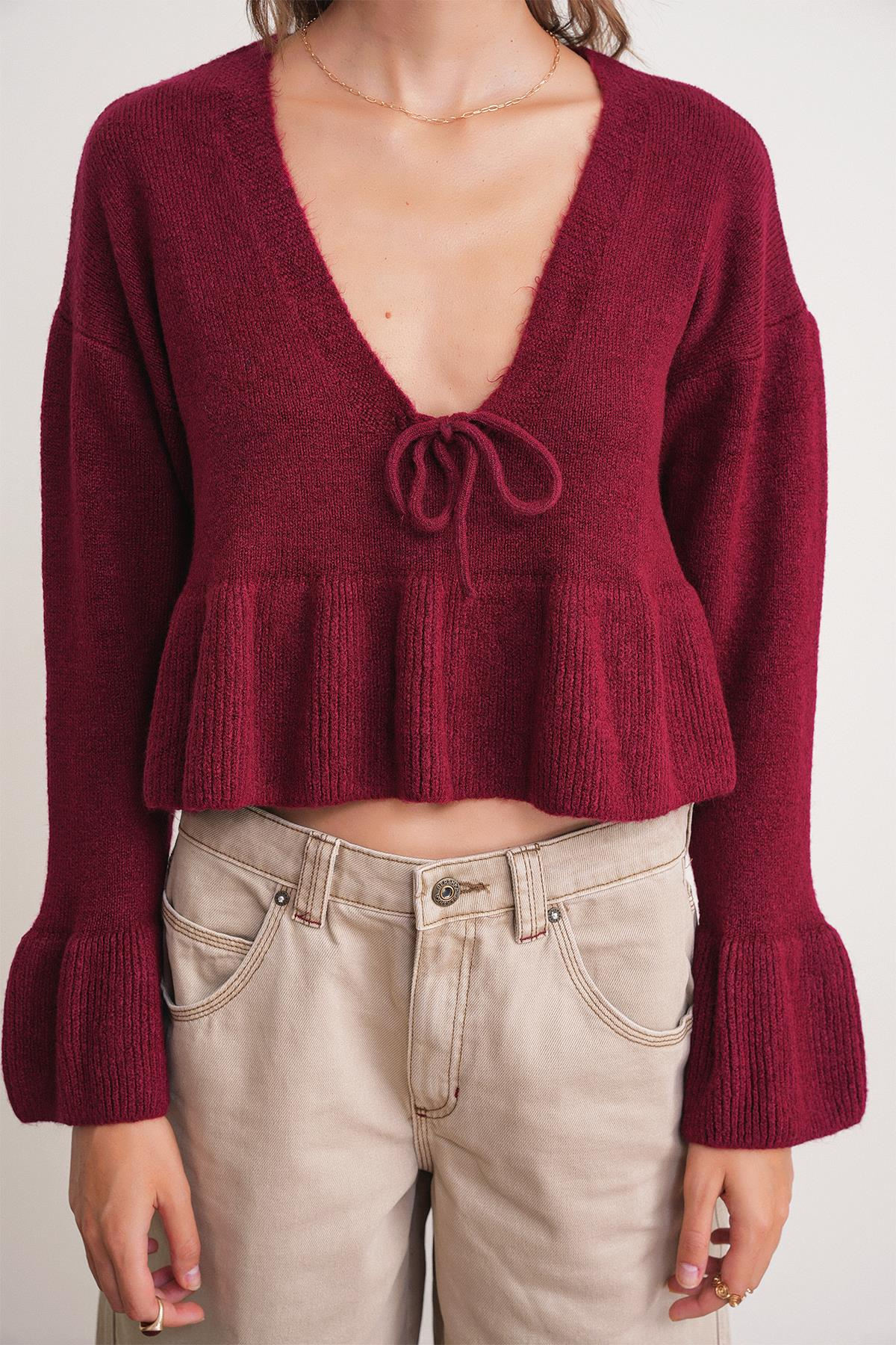 6955 Fırfırlı Triko Kazak Bordo