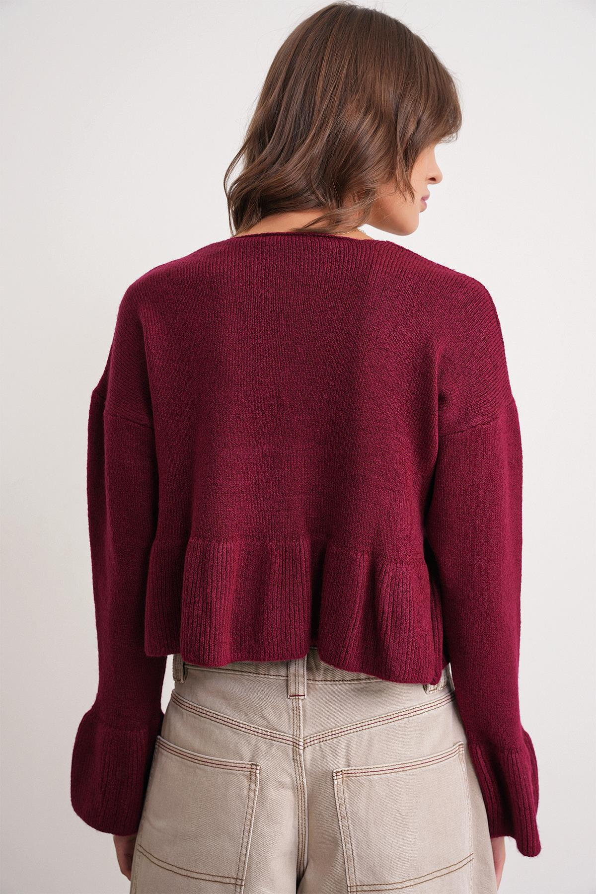 6955 Fırfırlı Triko Kazak Bordo