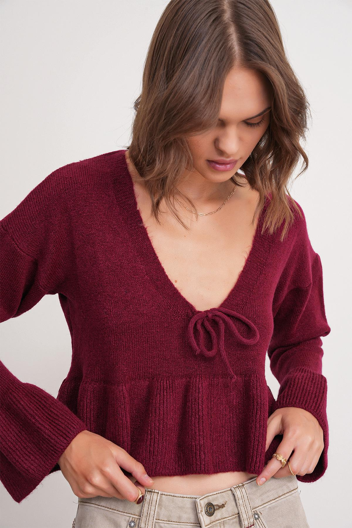 6955 Fırfırlı Triko Kazak Bordo