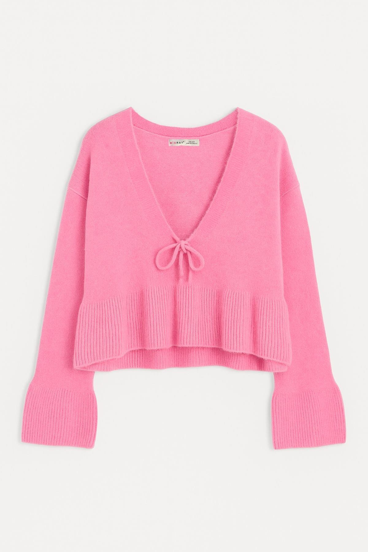 6955 Kadın Fırfırlı Triko Kazak Pembe