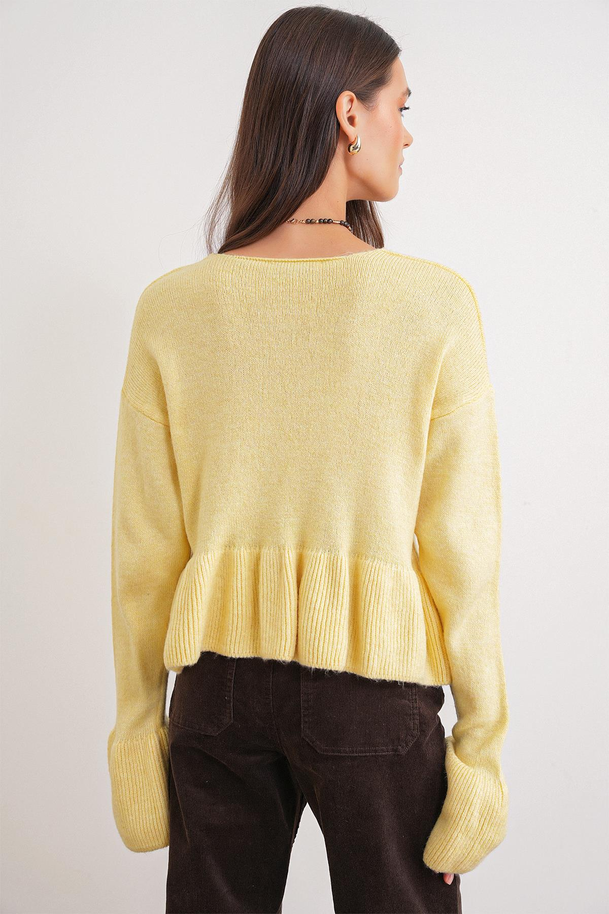 6955 Kadın Fırfırlı Triko Kazak Sarı