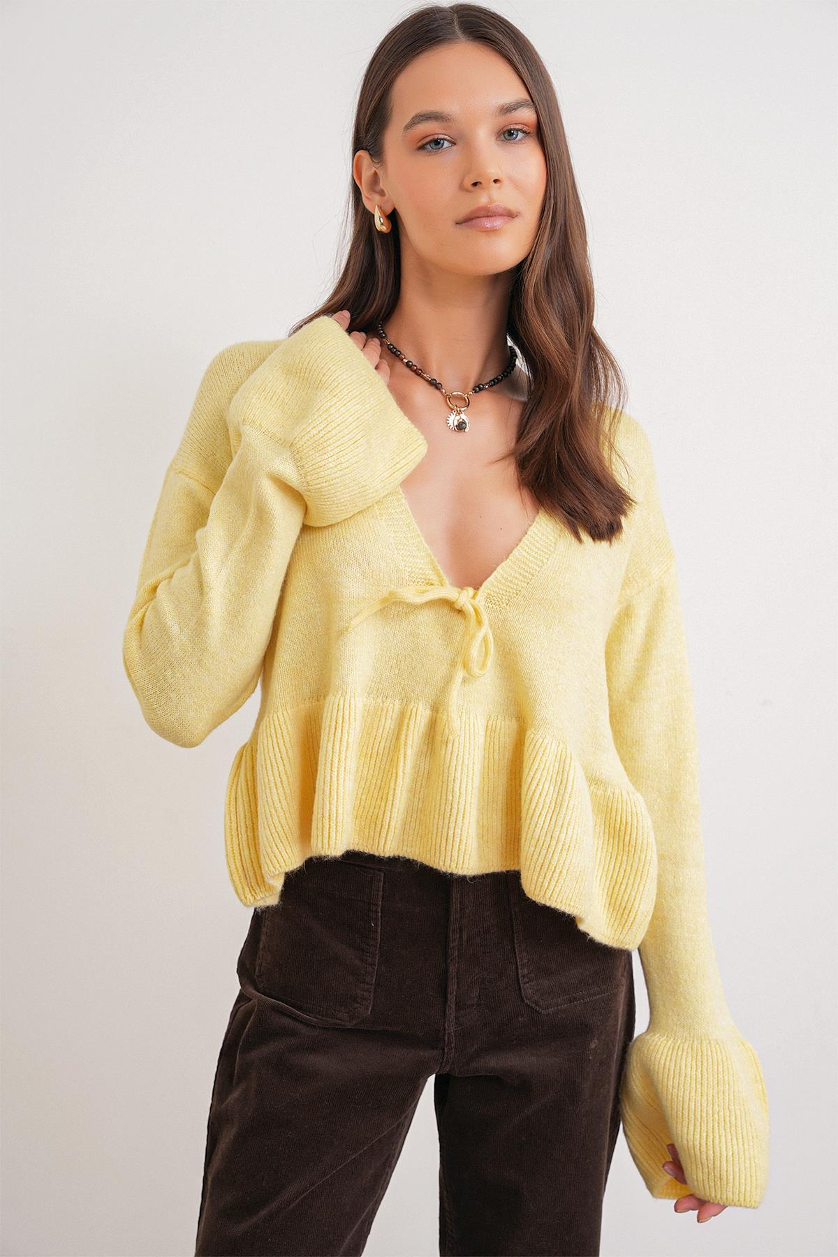 6955 Kadın Fırfırlı Triko Kazak Sarı