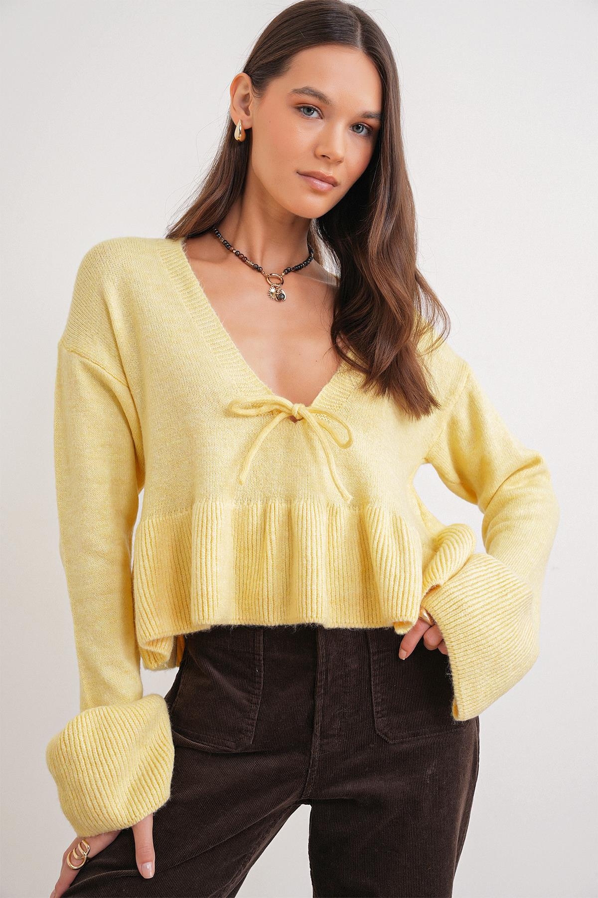 6955 Kadın Fırfırlı Triko Kazak Sarı