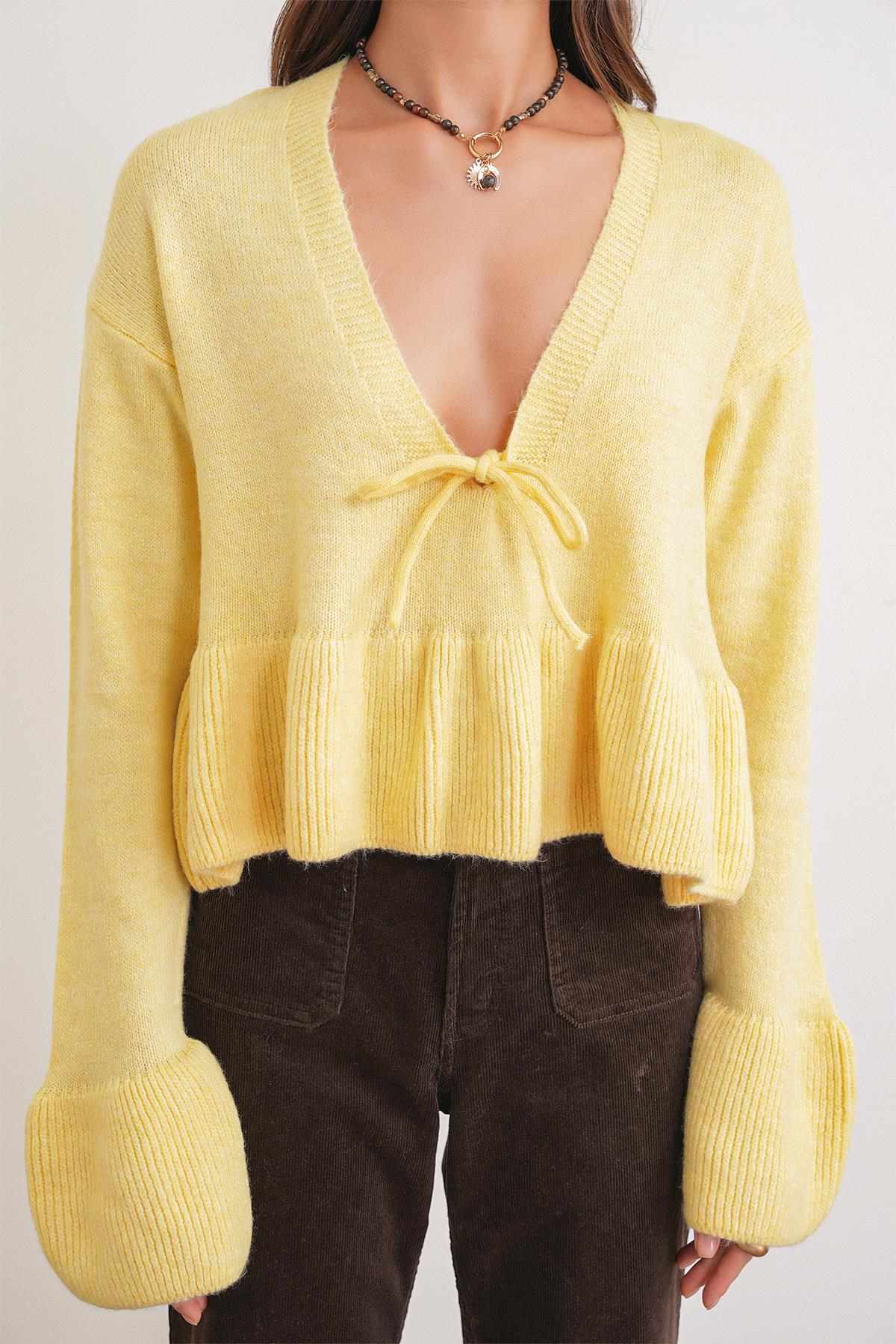 6955 Kadın Fırfırlı Triko Kazak Sarı