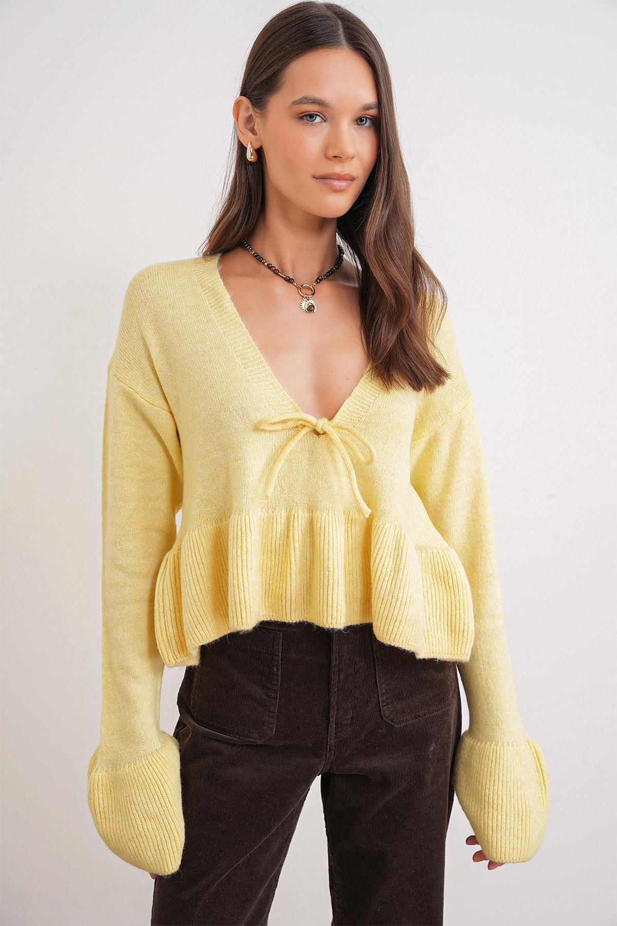 6955 Kadın Fırfırlı Triko Kazak Sarı