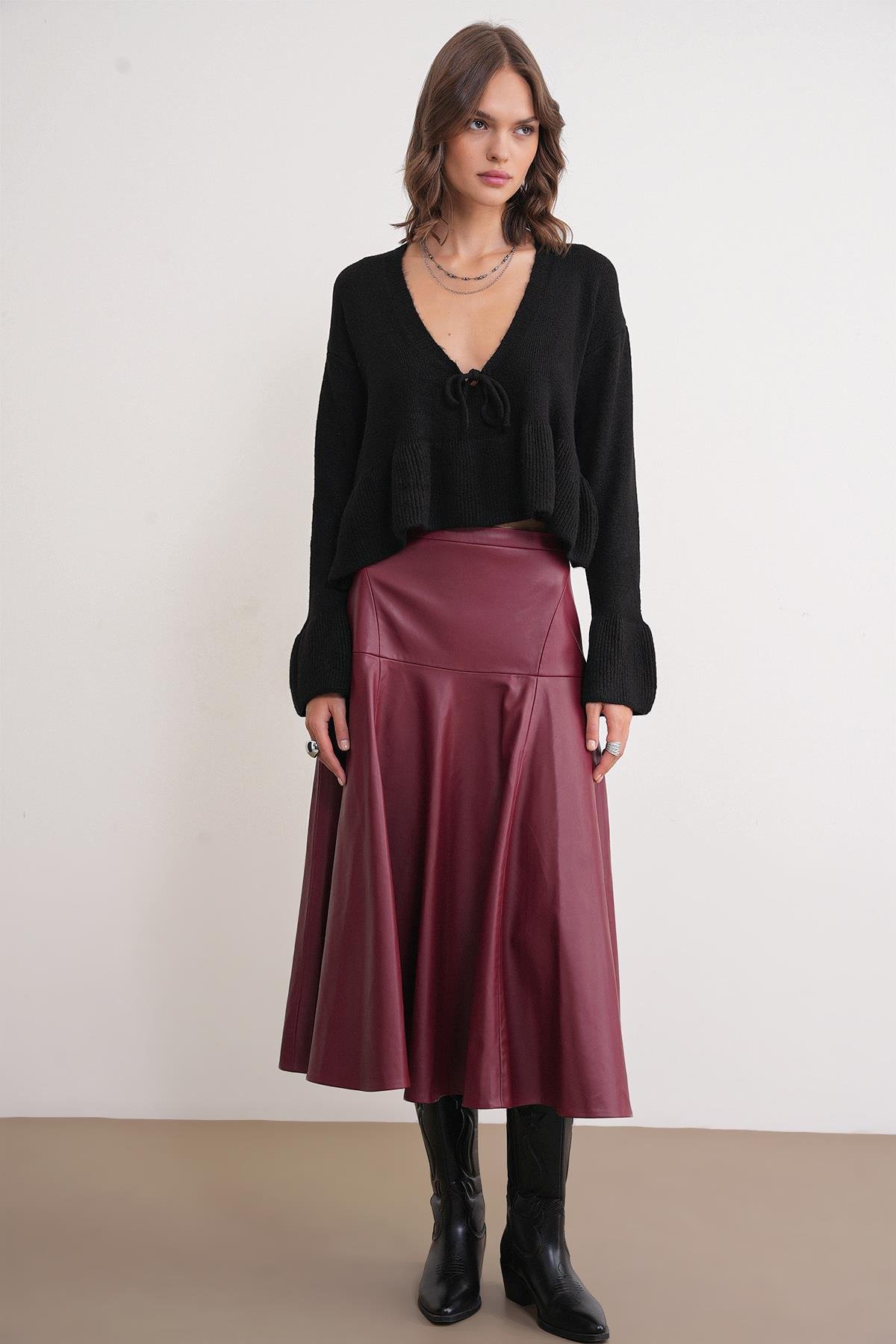 6955 Kadın Fırfırlı Triko Kazak Siyah