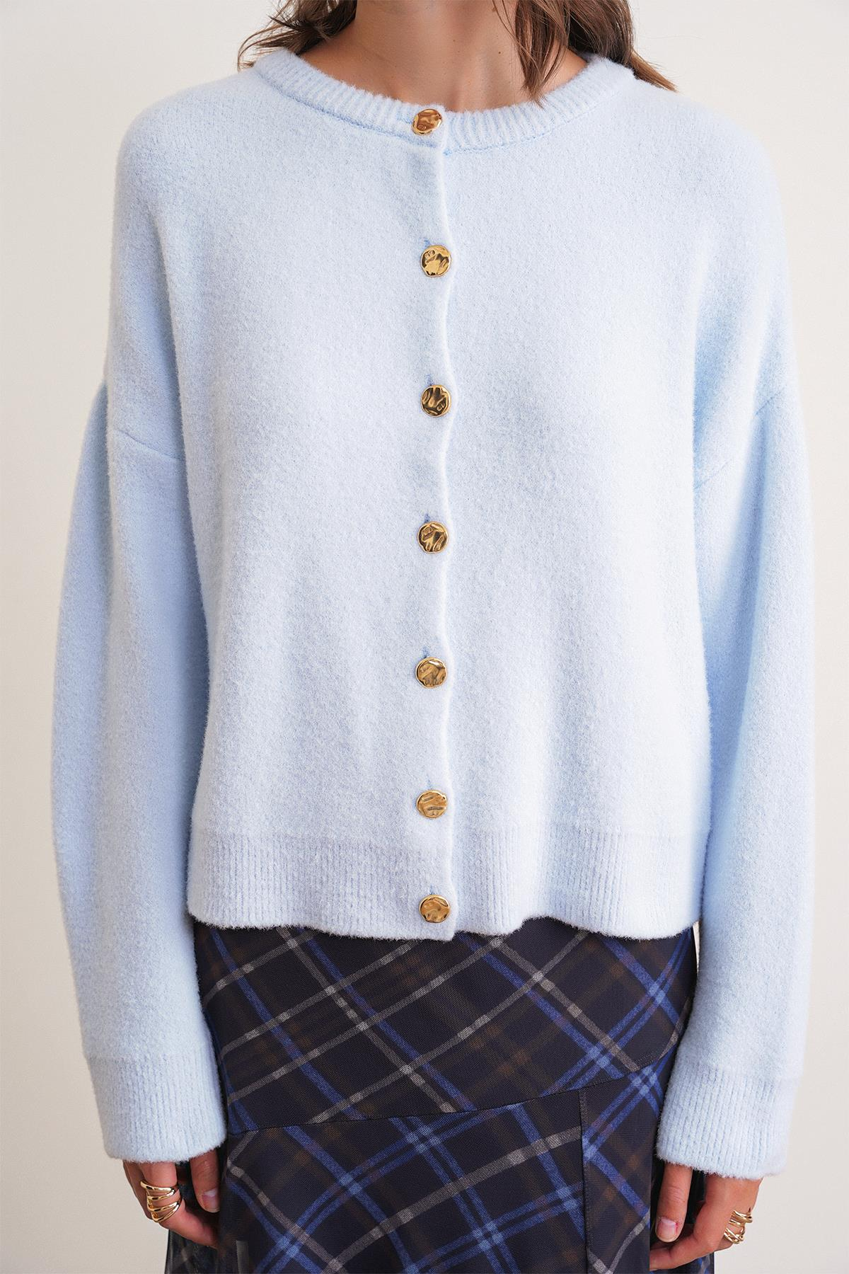 6956 Kadın Taş Düğme Detaylı Triko Hırka Bebe Mavi