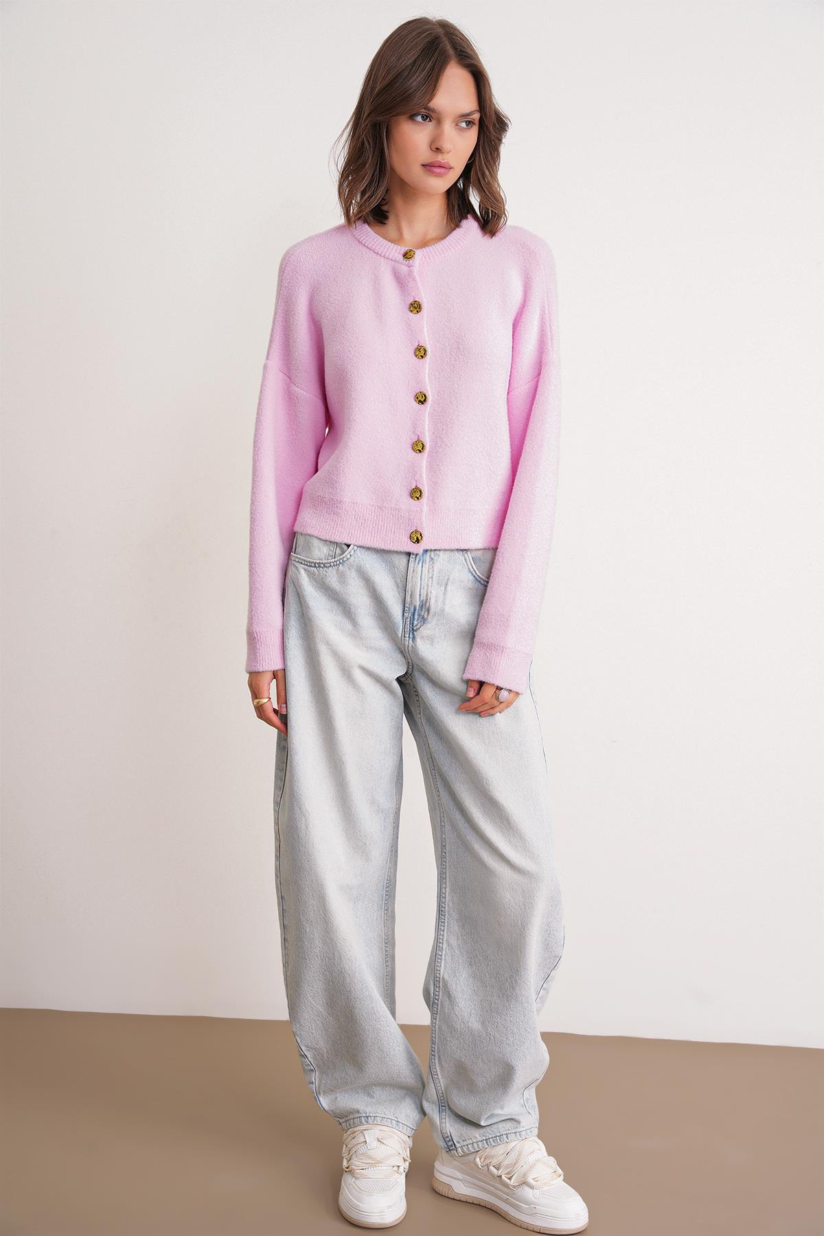 6956 Kadın Taş Düğme Detaylı Triko Hırka Pembe