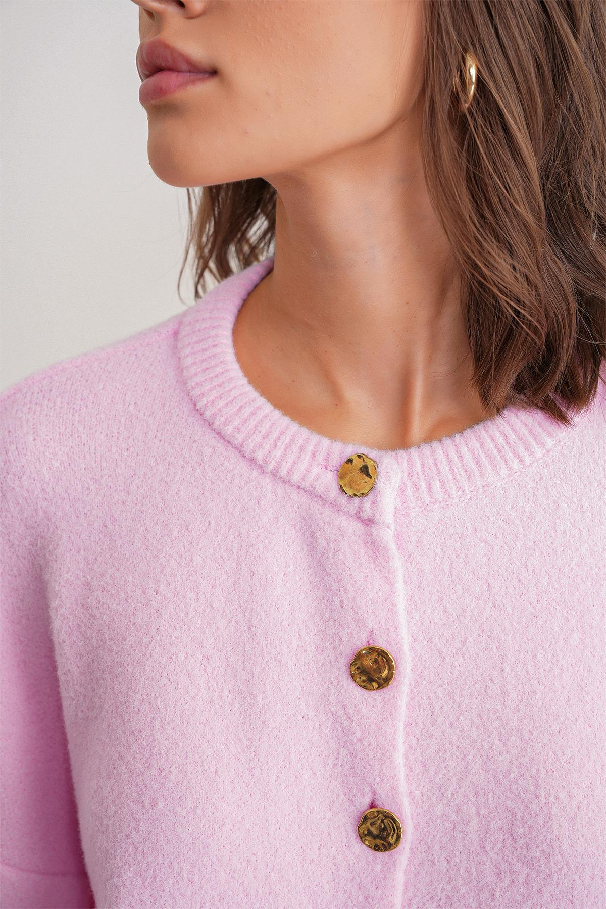 6956 Kadın Taş Düğme Detaylı Triko Hırka Pembe