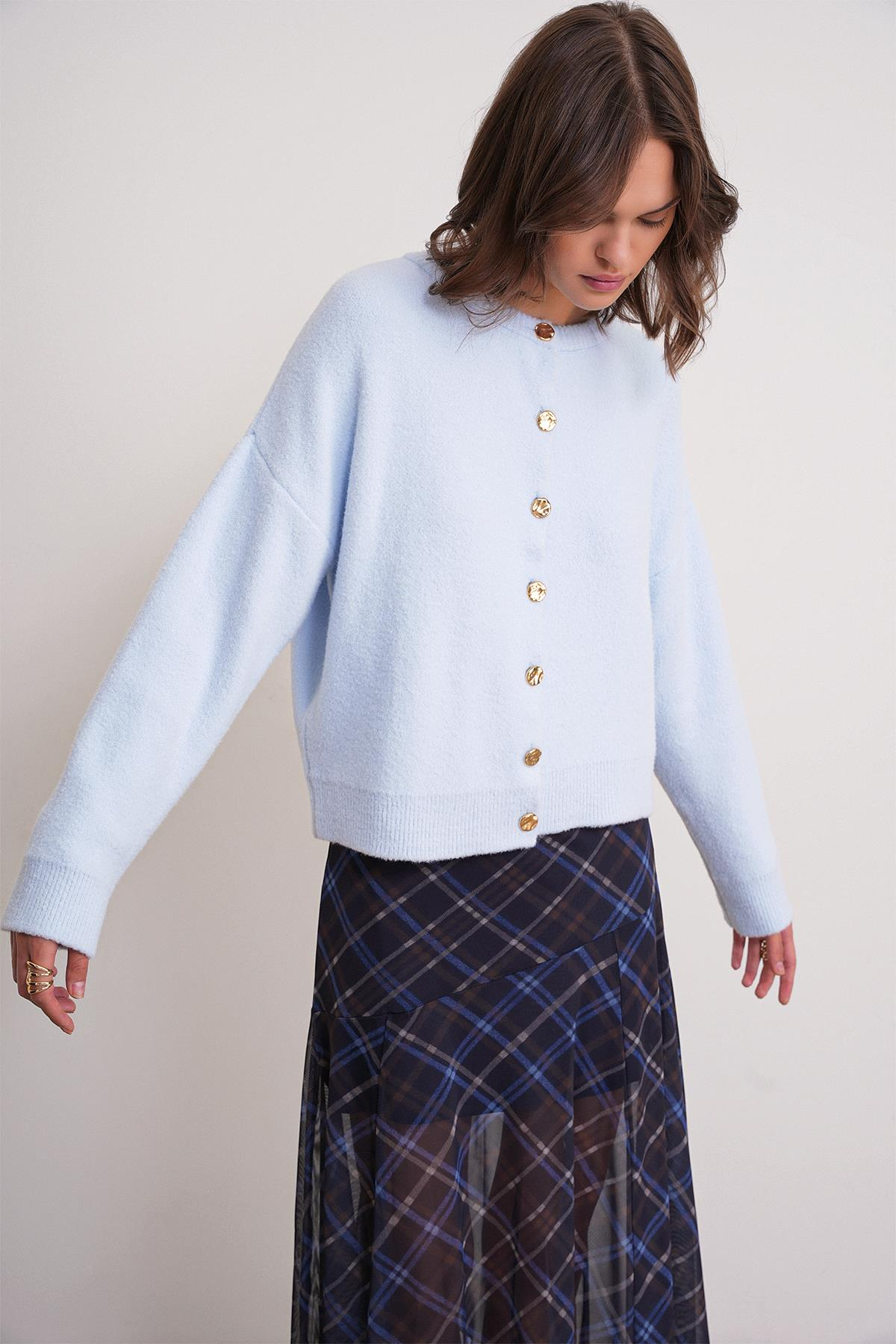 6956 Kadın Taş Düğme Detaylı Triko Hırka Bebe Mavi