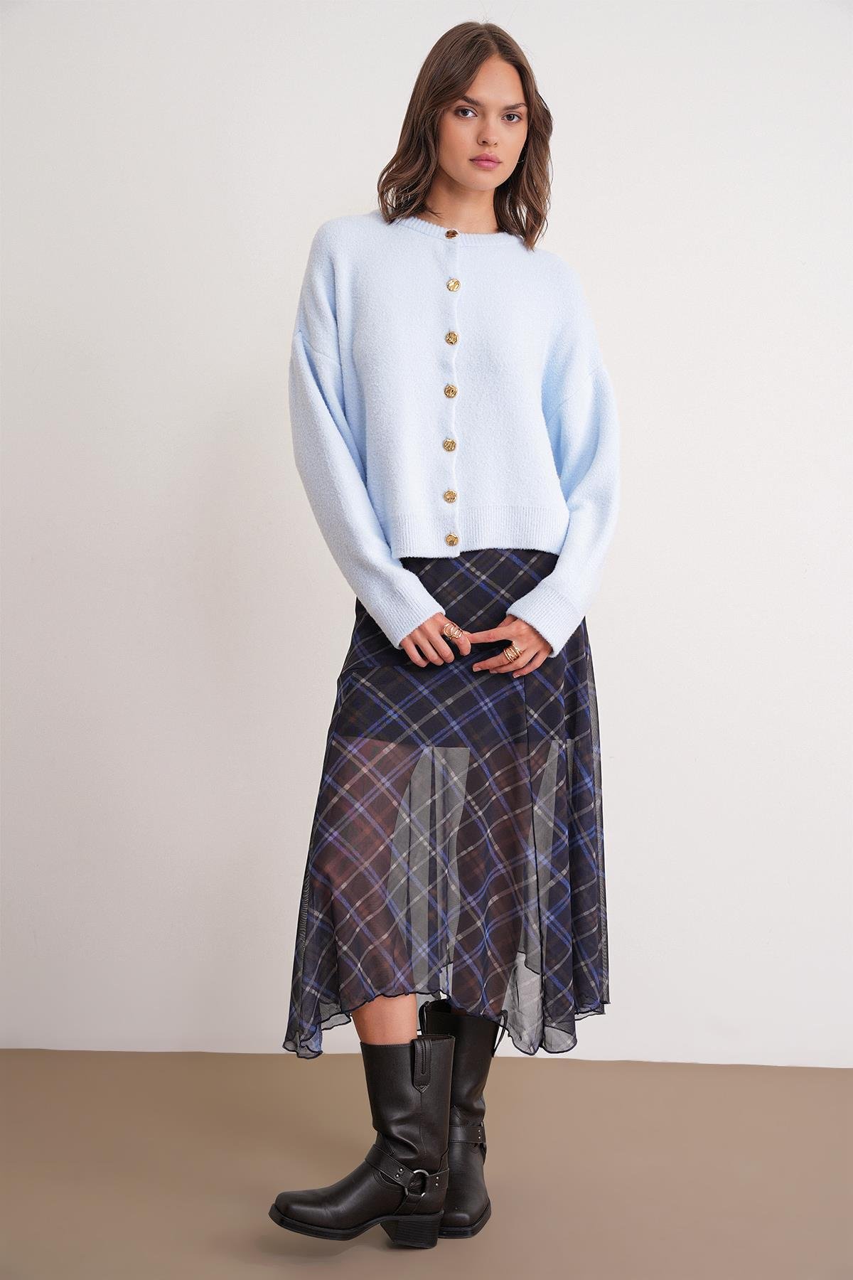 6956 Kadın Taş Düğme Detaylı Triko Hırka Bebe Mavi