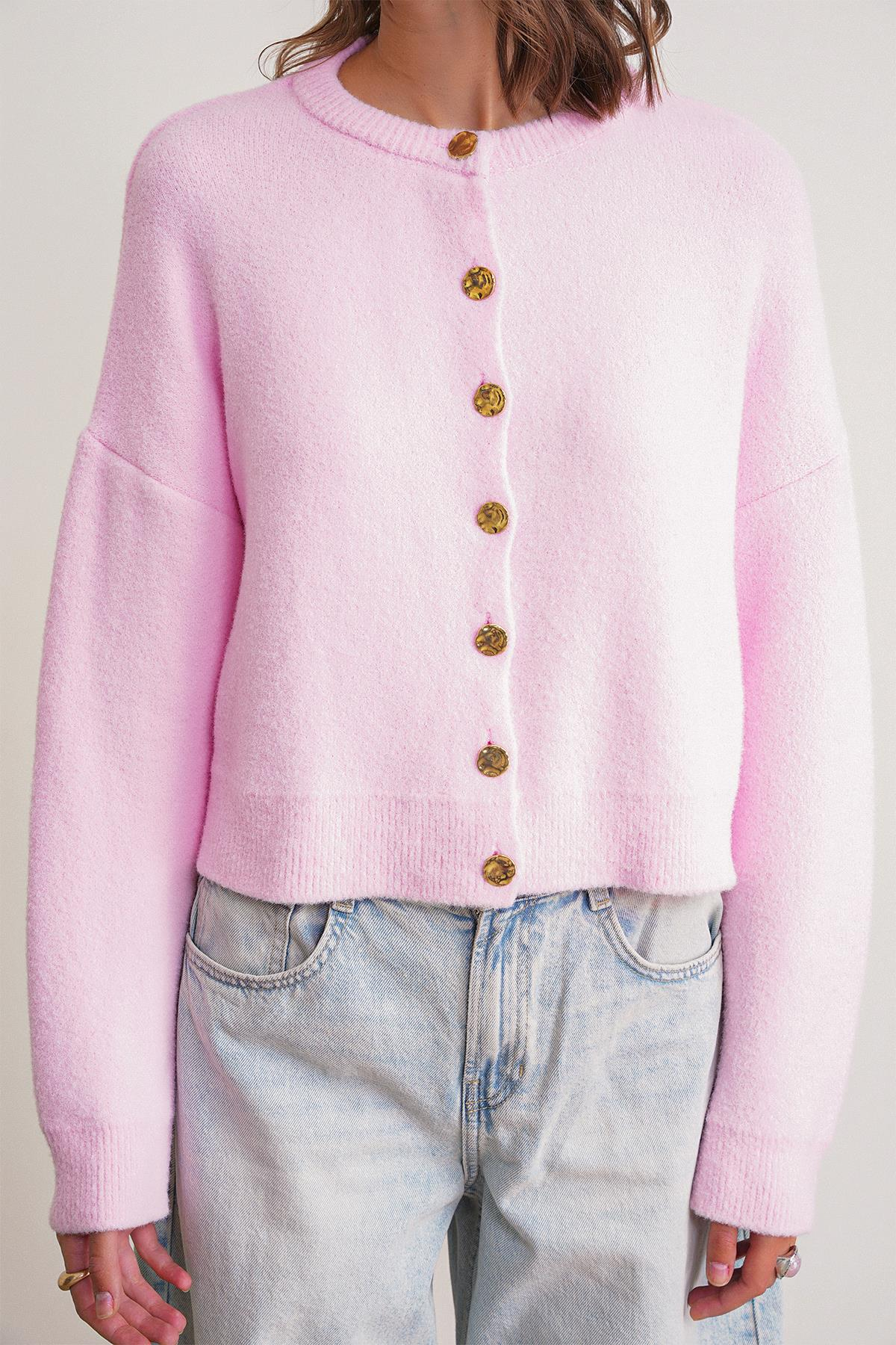 6956 Kadın Taş Düğme Detaylı Triko Hırka Pembe