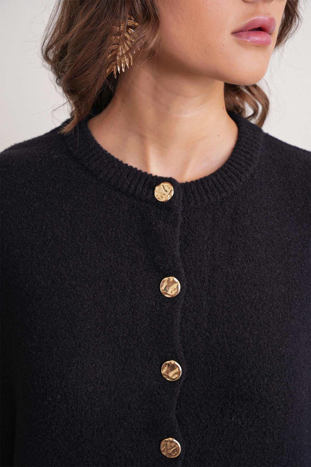 6956 Kadın Taş Düğme Detaylı Triko Hırka Siyah