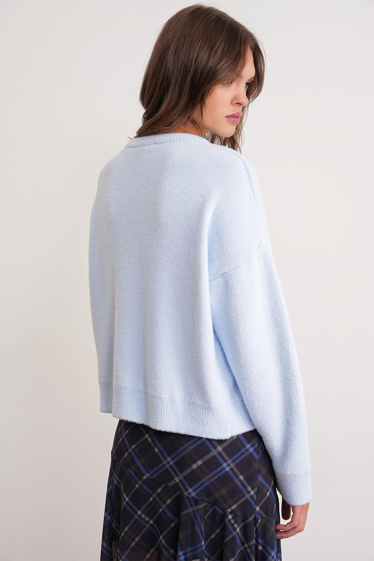 6956 Kadın Taş Düğme Detaylı Triko Hırka Bebe Mavi