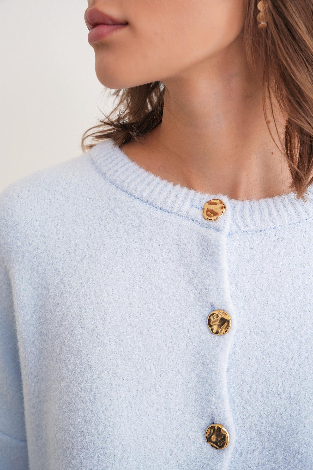 6956 Kadın Taş Düğme Detaylı Triko Hırka Bebe Mavi