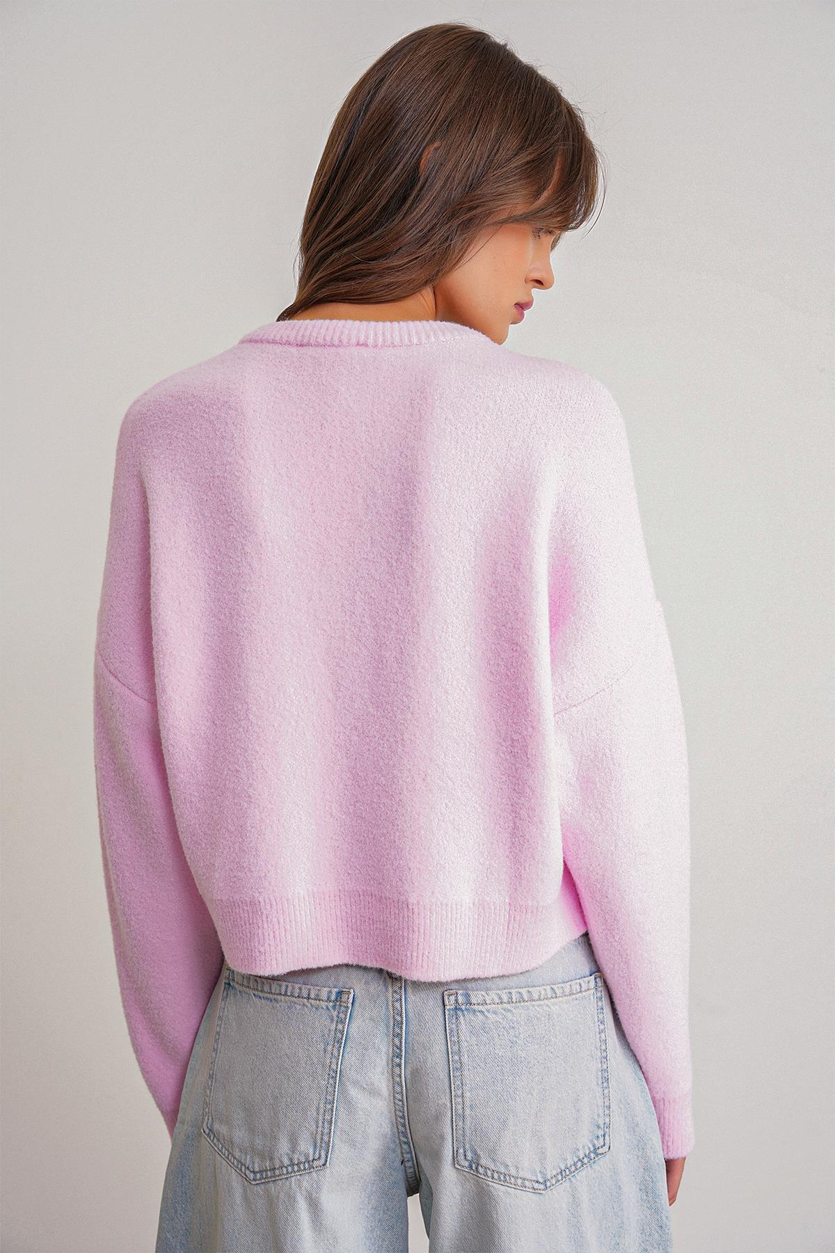 6956 Kadın Taş Düğme Detaylı Triko Hırka Pembe