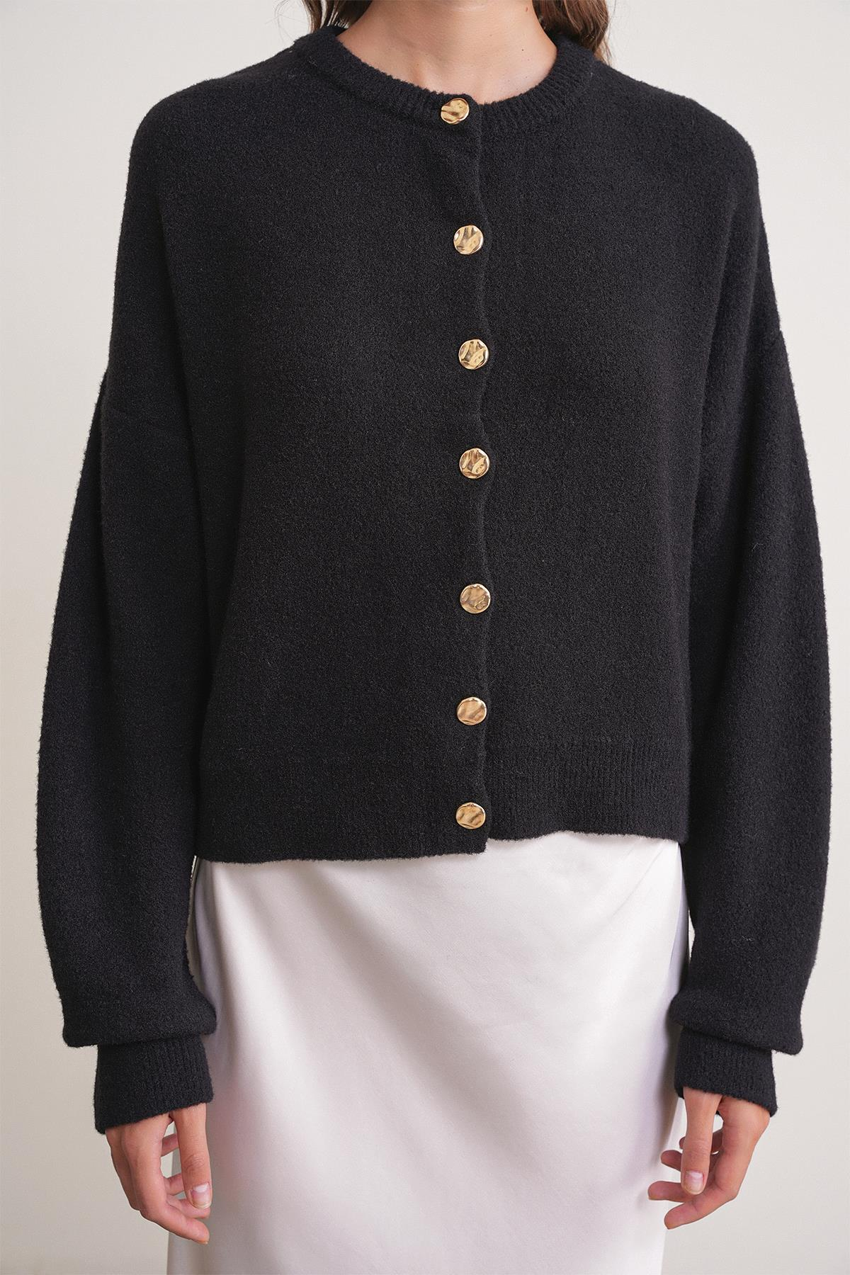 6956 Kadın Taş Düğme Detaylı Triko Hırka Siyah