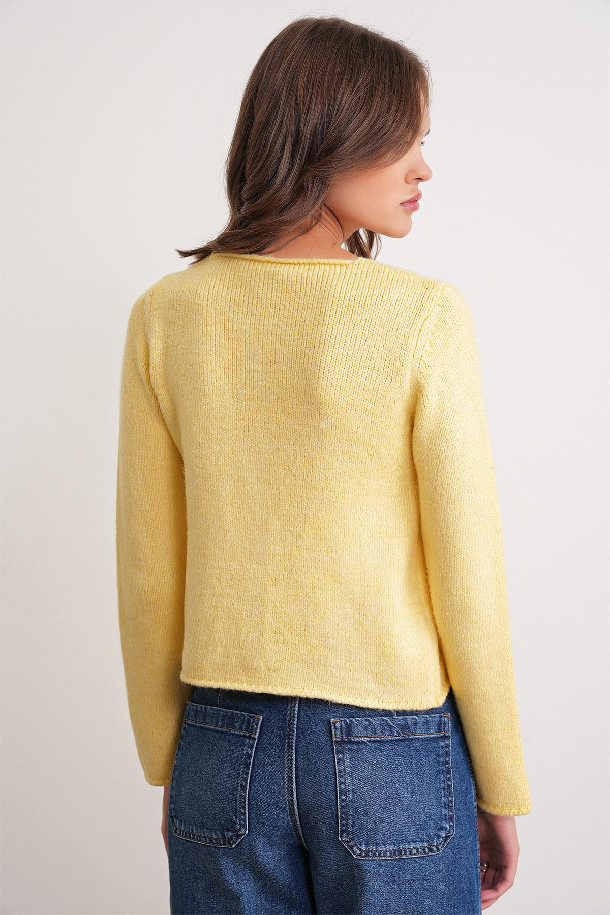 6957 Kadın Düğmeli Bisiklet Yaka Triko Hırka Sarı