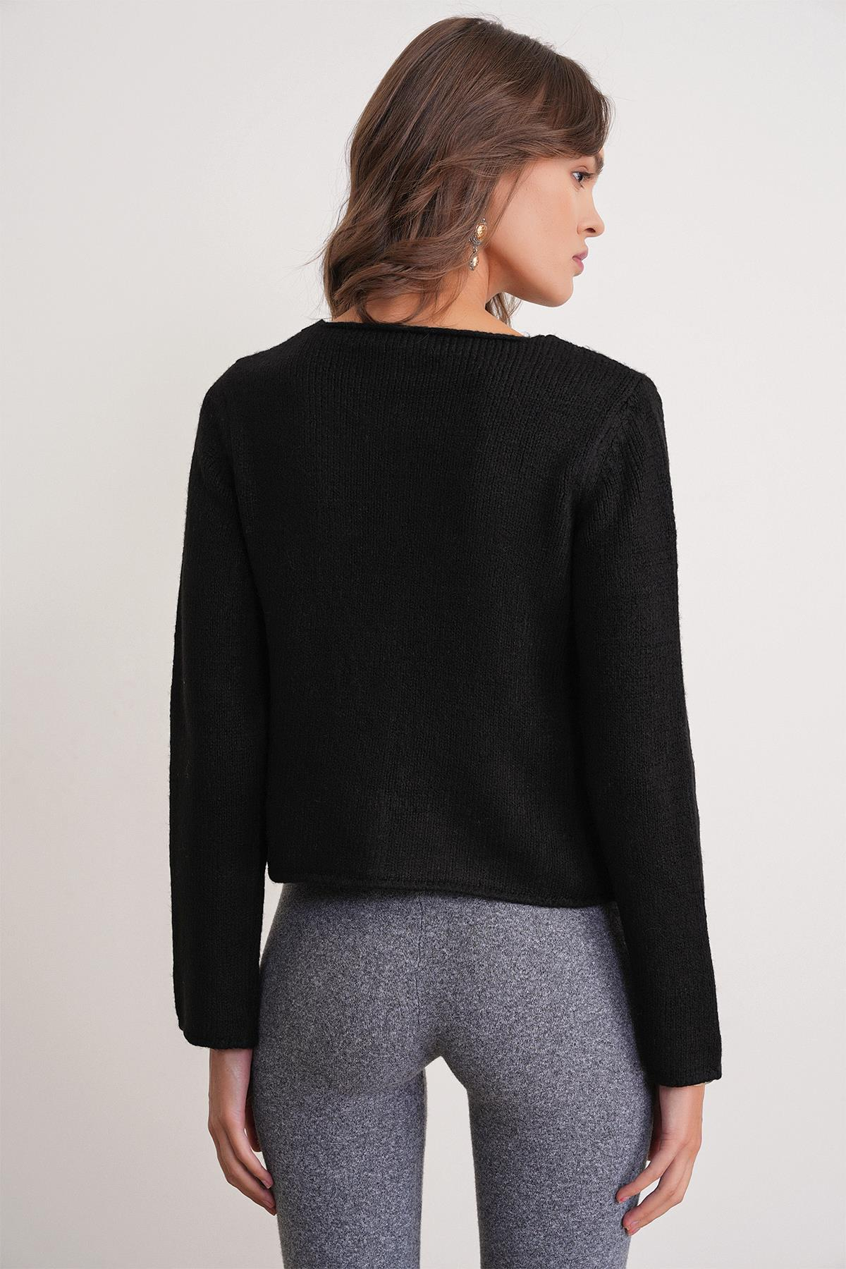 6957 Kadın Düğmeli Bisiklet Yaka Triko Hırka Siyah