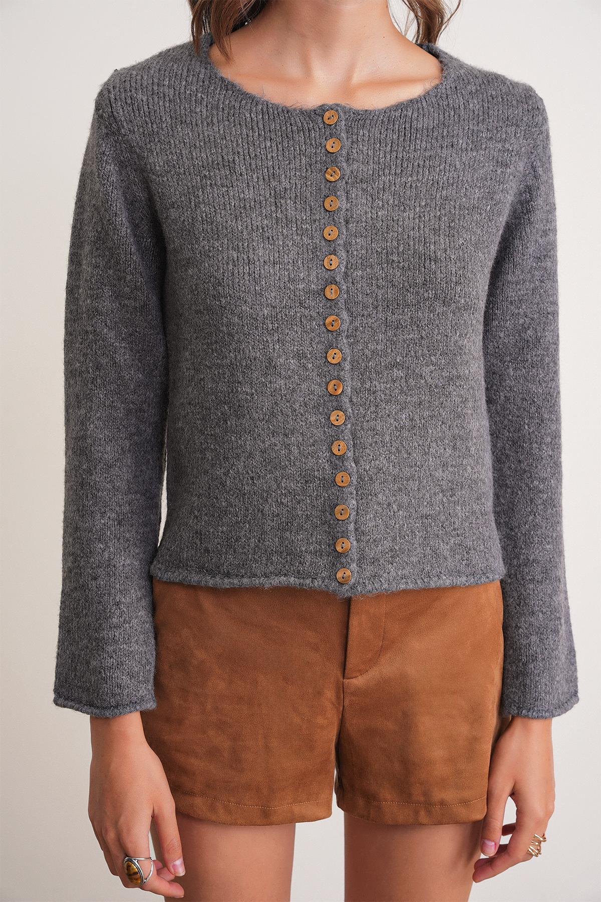 6957 Kadın Düğmeli Bisiklet Yaka Triko Hırka Antrasit