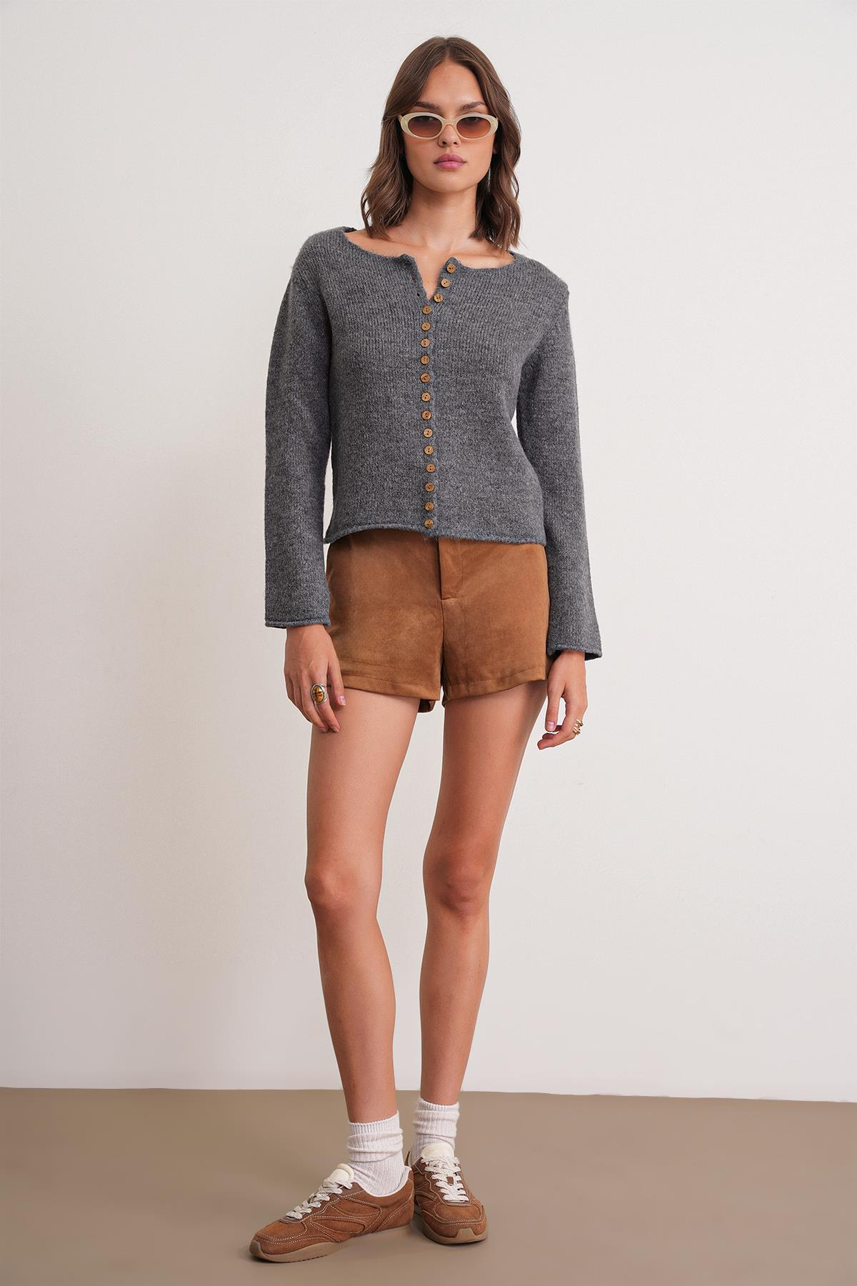 6957 Kadın Düğmeli Bisiklet Yaka Triko Hırka Antrasit